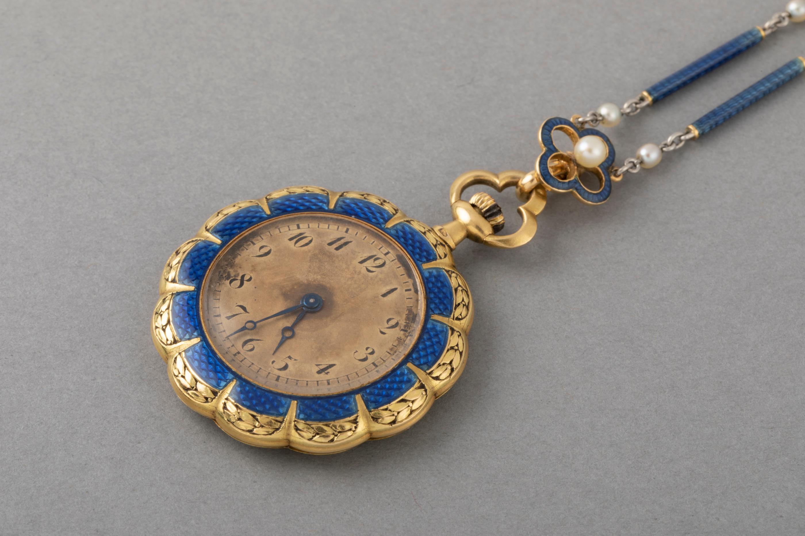 Antique Gold and Enamel French Watch Necklace For Sale 2