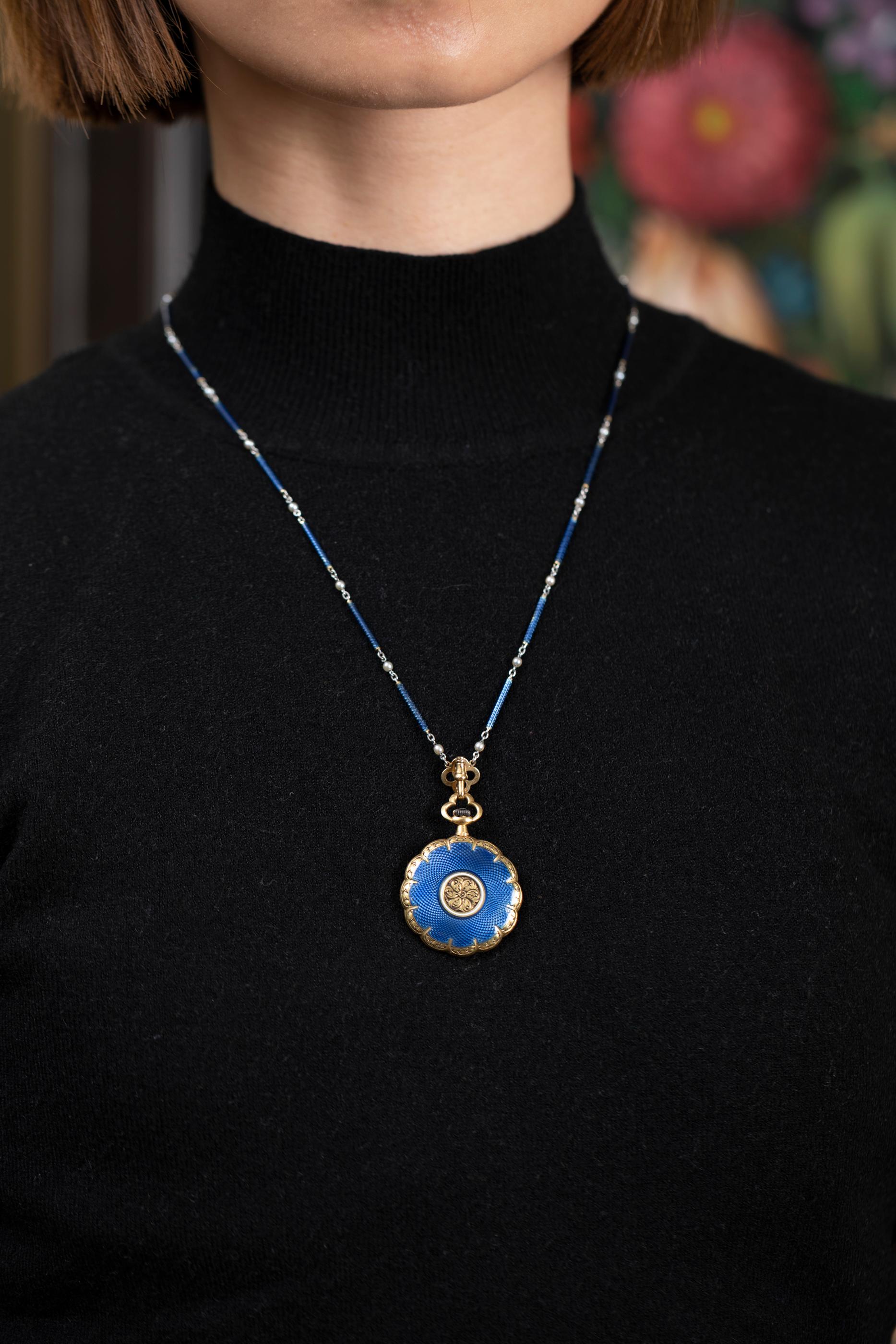 Antique Gold and Enamel French Watch Necklace For Sale 4