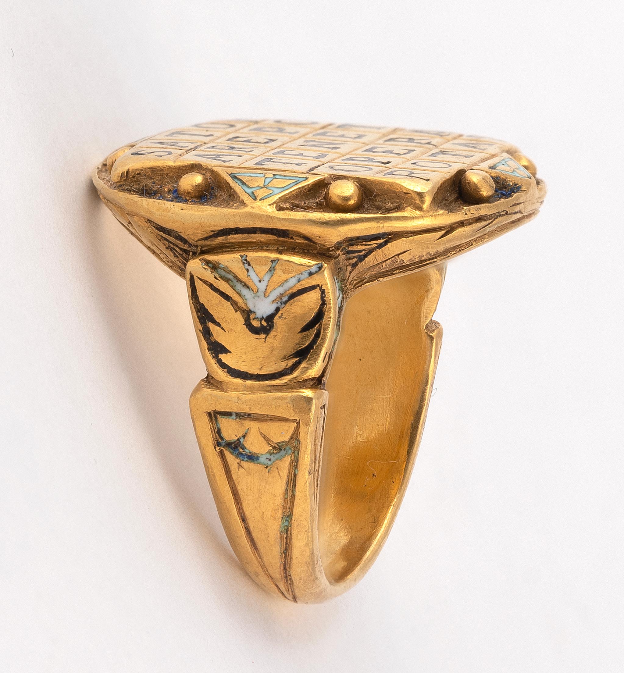 Antique magical ring with intaglio the Sator Square (or Rotas Square) is a two-dimensional word square containing a five-word Latin palindrome. It features in early Christian as well as in magical contexts. The earliest example of the square dates