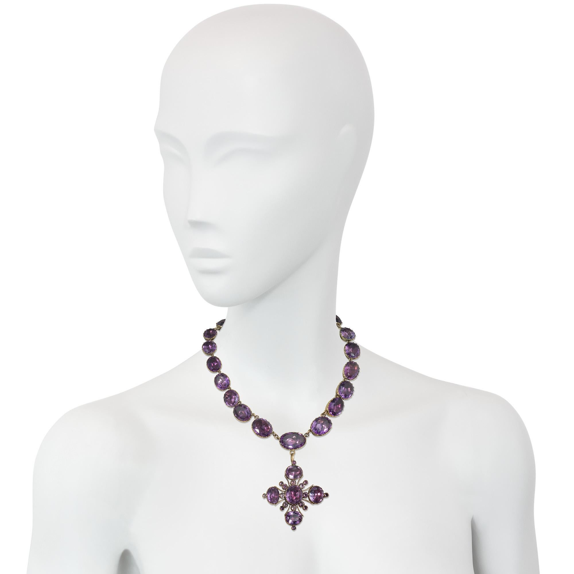 Oval Cut Antique Gold and Foiled Amethyst Rivière Necklace with Detachable Maltese Cross For Sale