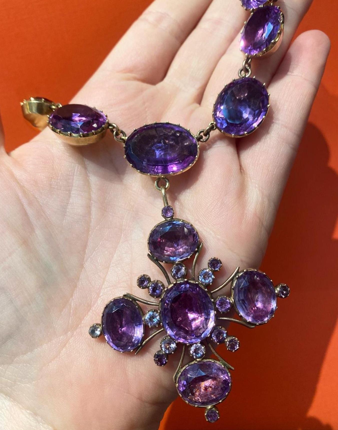 Antique Gold and Foiled Amethyst Rivière Necklace with Detachable Maltese Cross In Good Condition For Sale In New York, NY