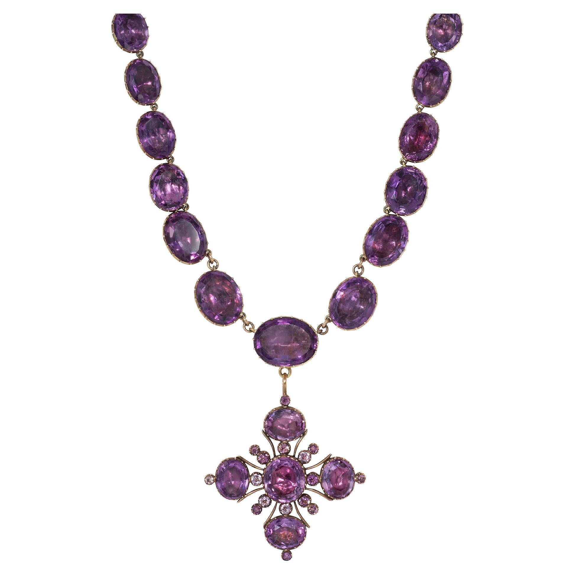 Antique Gold and Foiled Amethyst Rivière Necklace with Detachable Maltese Cross For Sale
