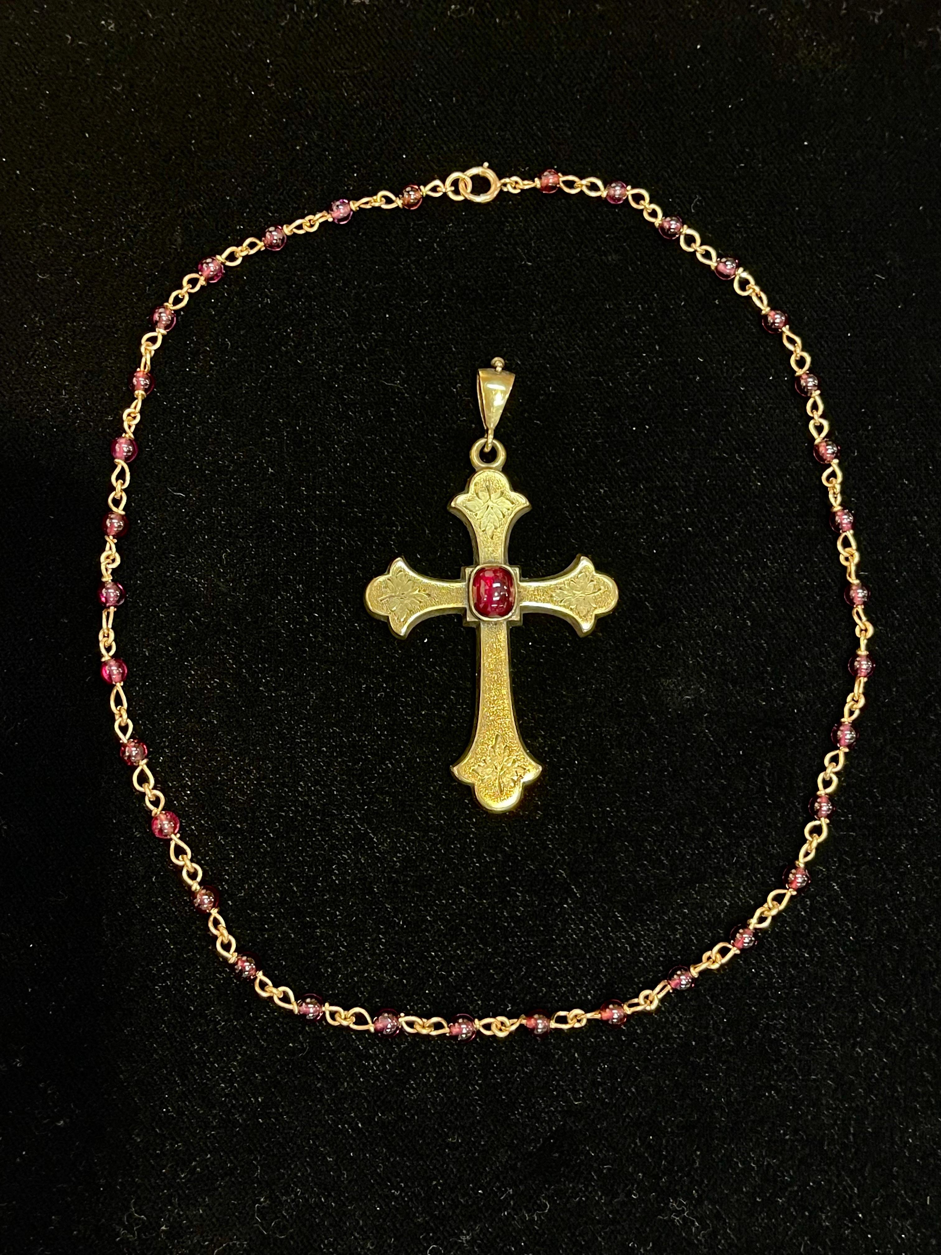 Edwardian Antique Gold and Garnet Vintage Statement Cross Pendant and Necklace For Sale