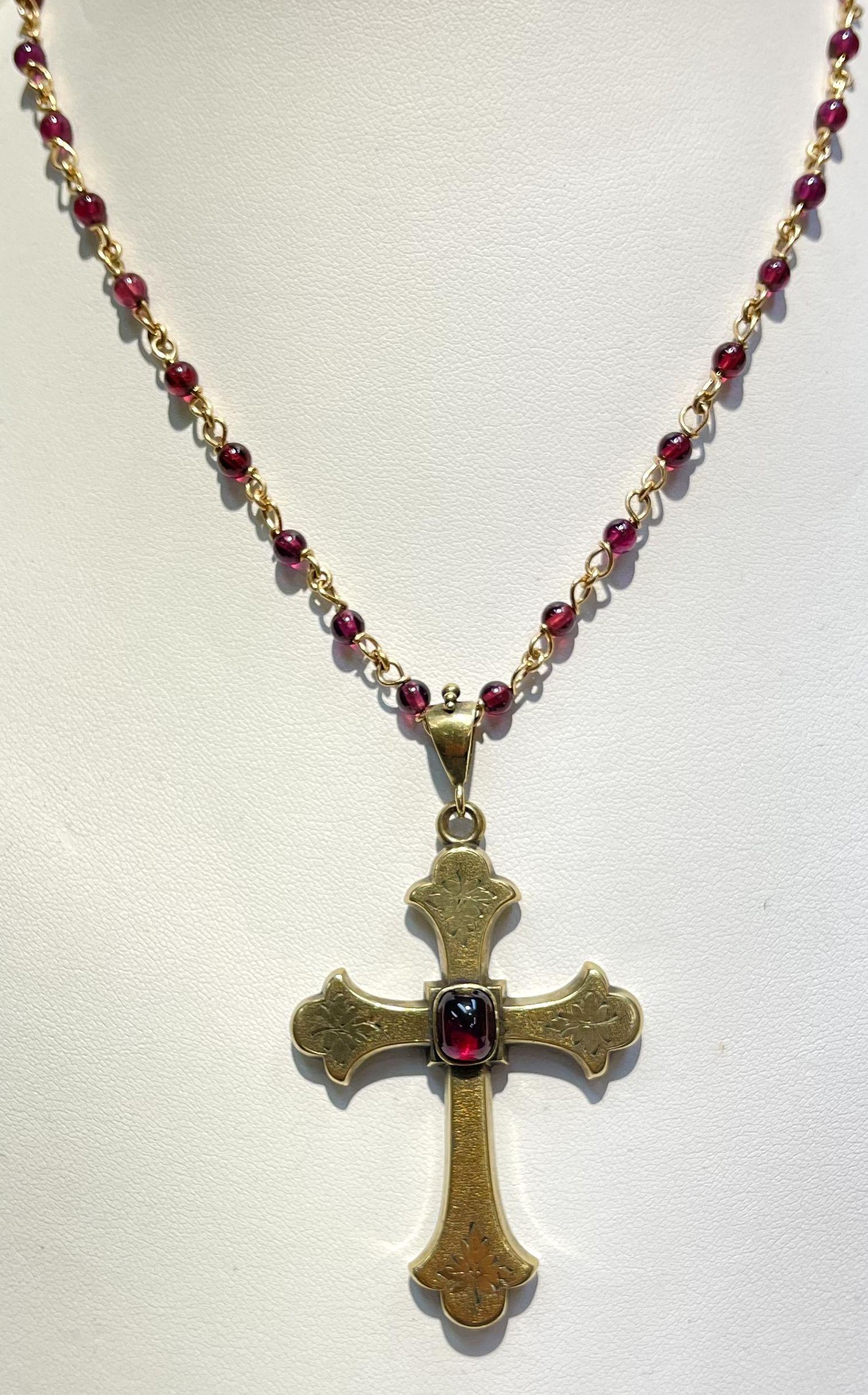 Cabochon Antique Gold and Garnet Vintage Statement Cross Pendant and Necklace For Sale