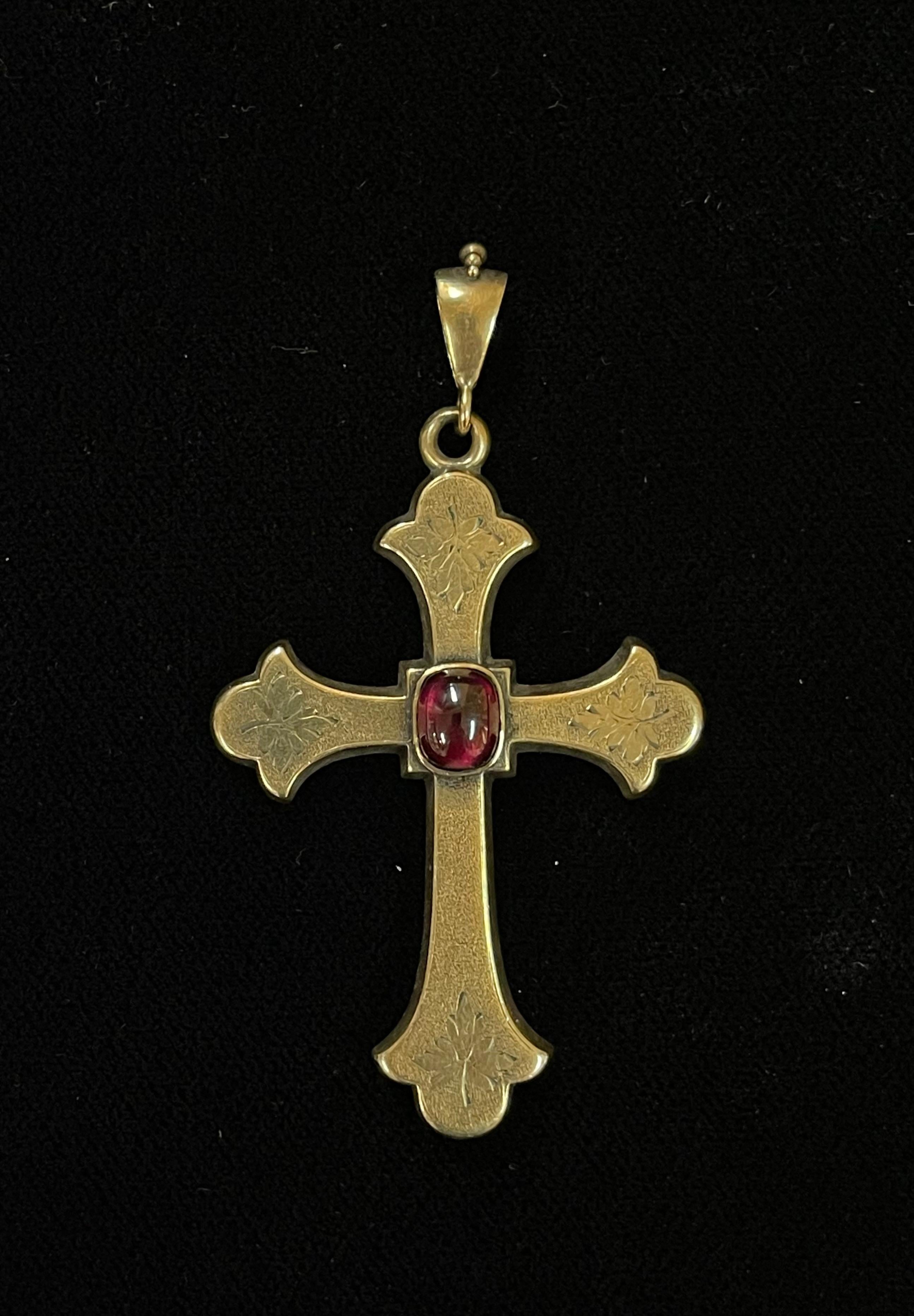 Antique Gold and Garnet Vintage Statement Cross Pendant and Necklace For Sale 1