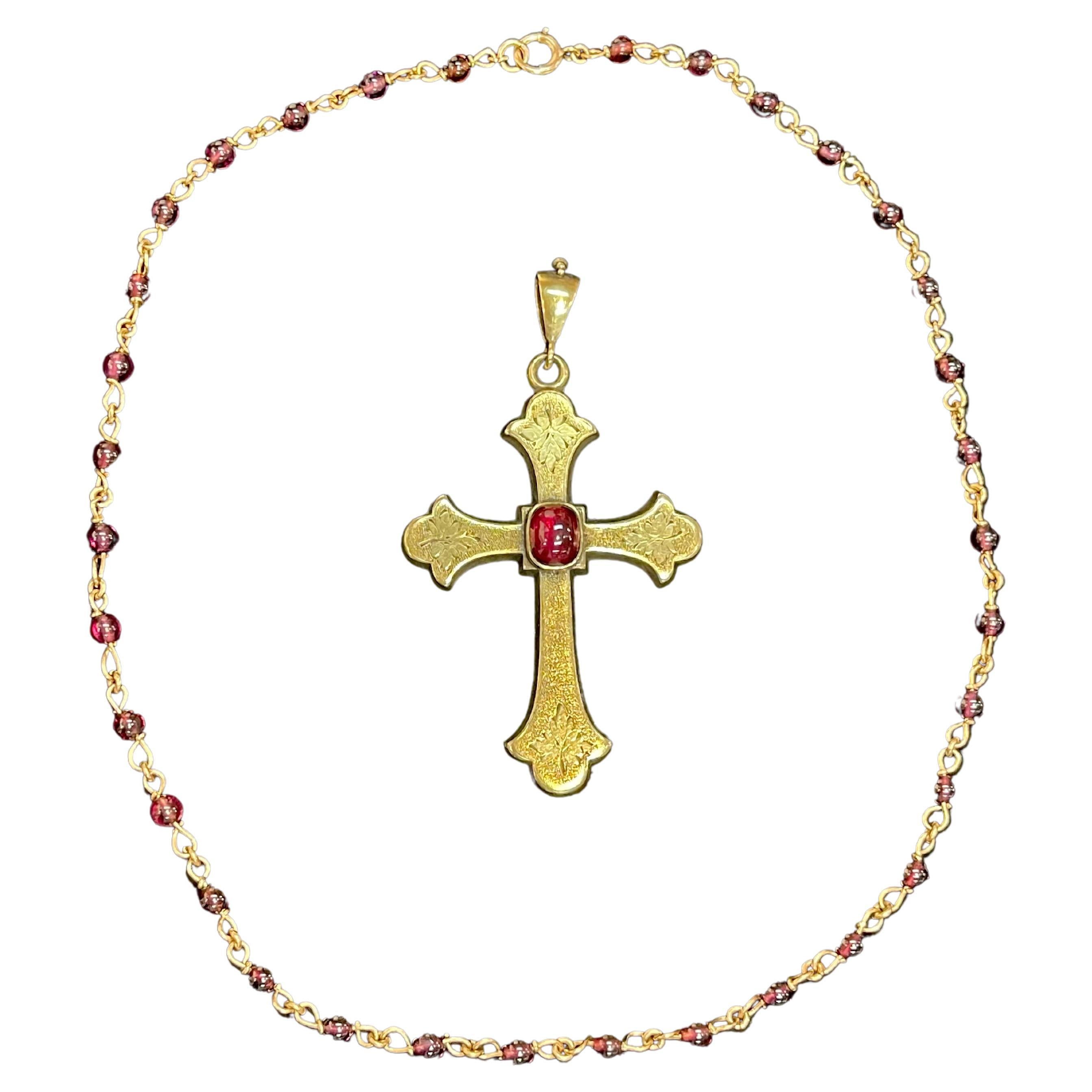 Antique Gold and Garnet Vintage Statement Cross Pendant and Necklace For Sale