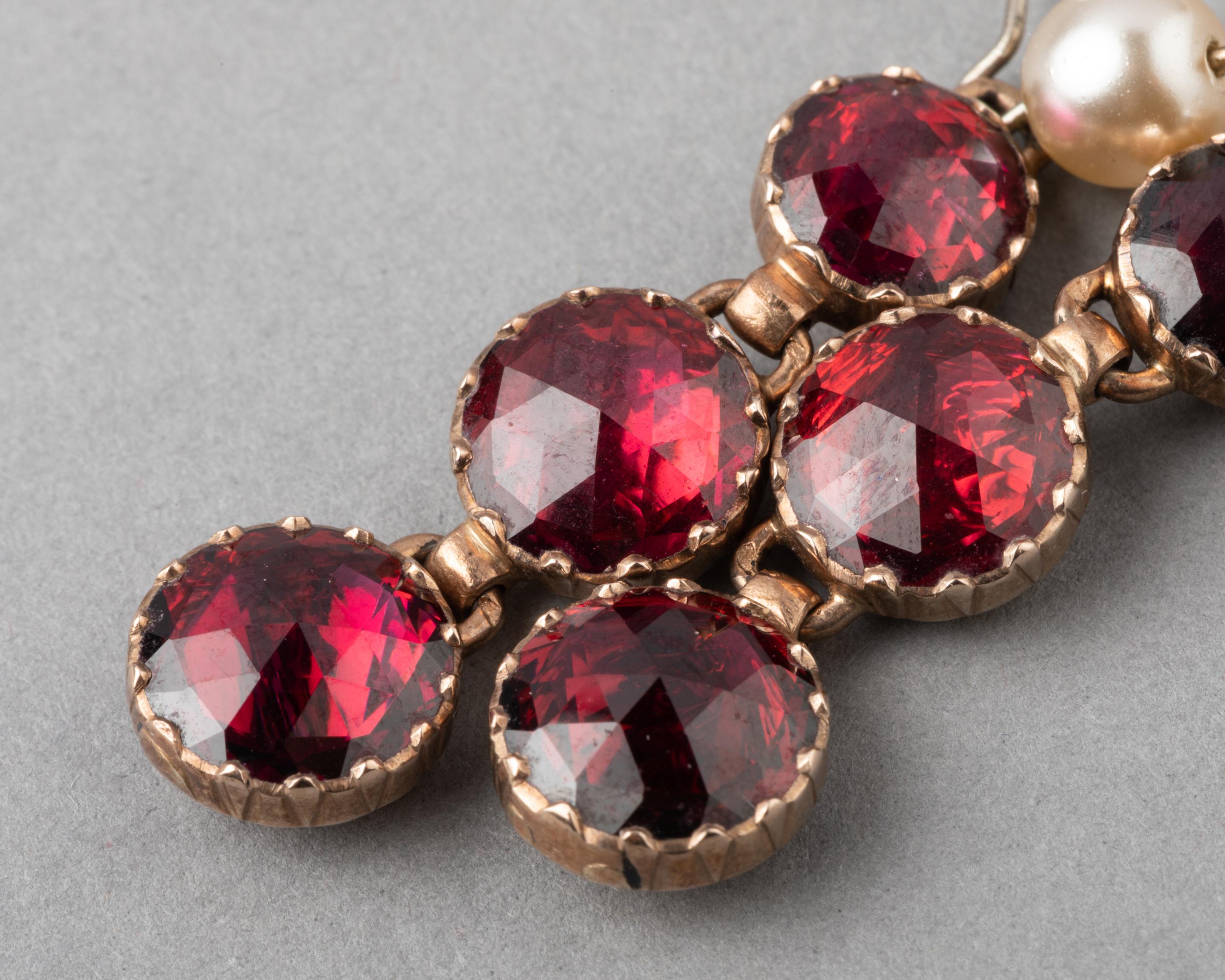 Round Cut Antique Gold and Garnets French Earrings