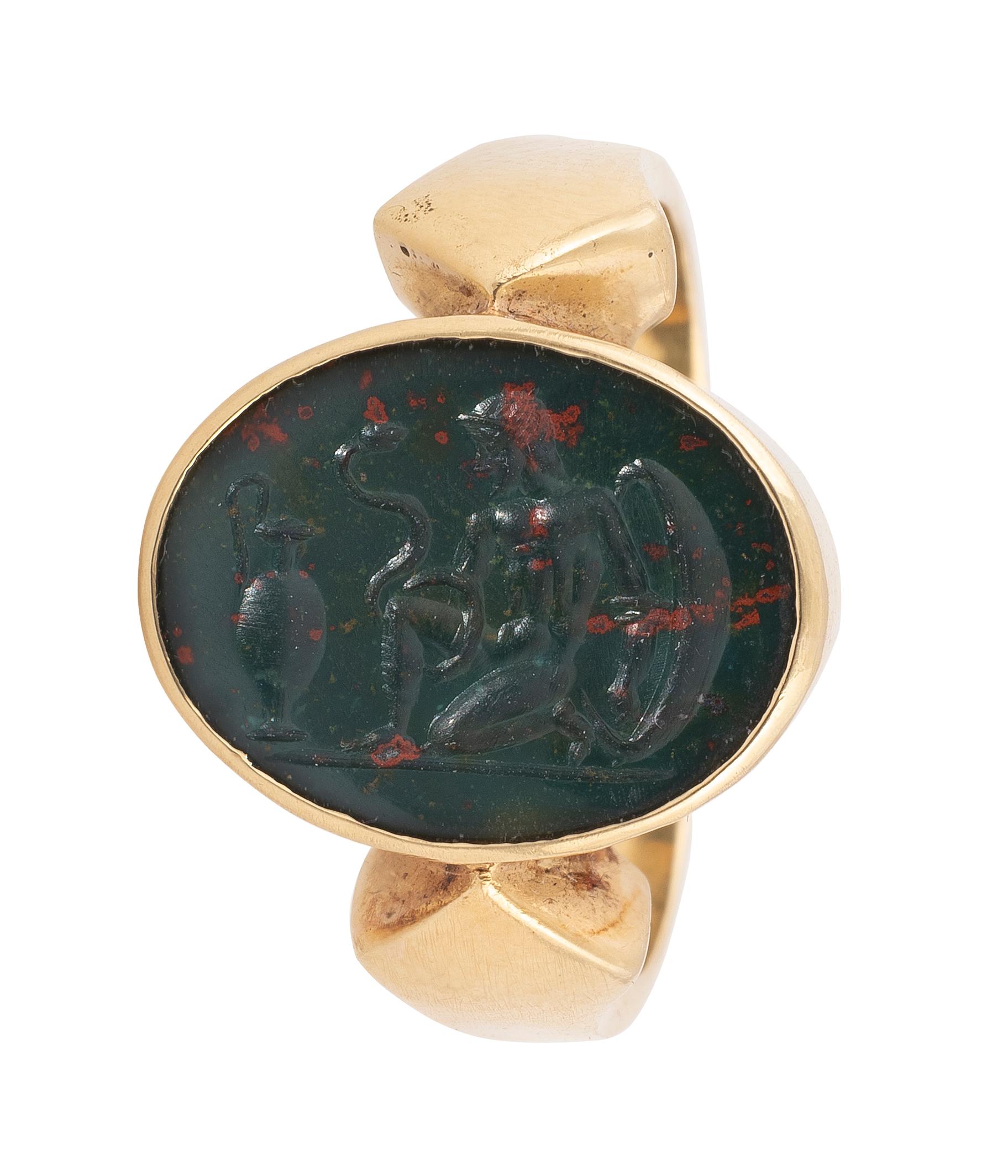 Oval Cut Antique Gold and Intaglio Agate Bloodstone Ring