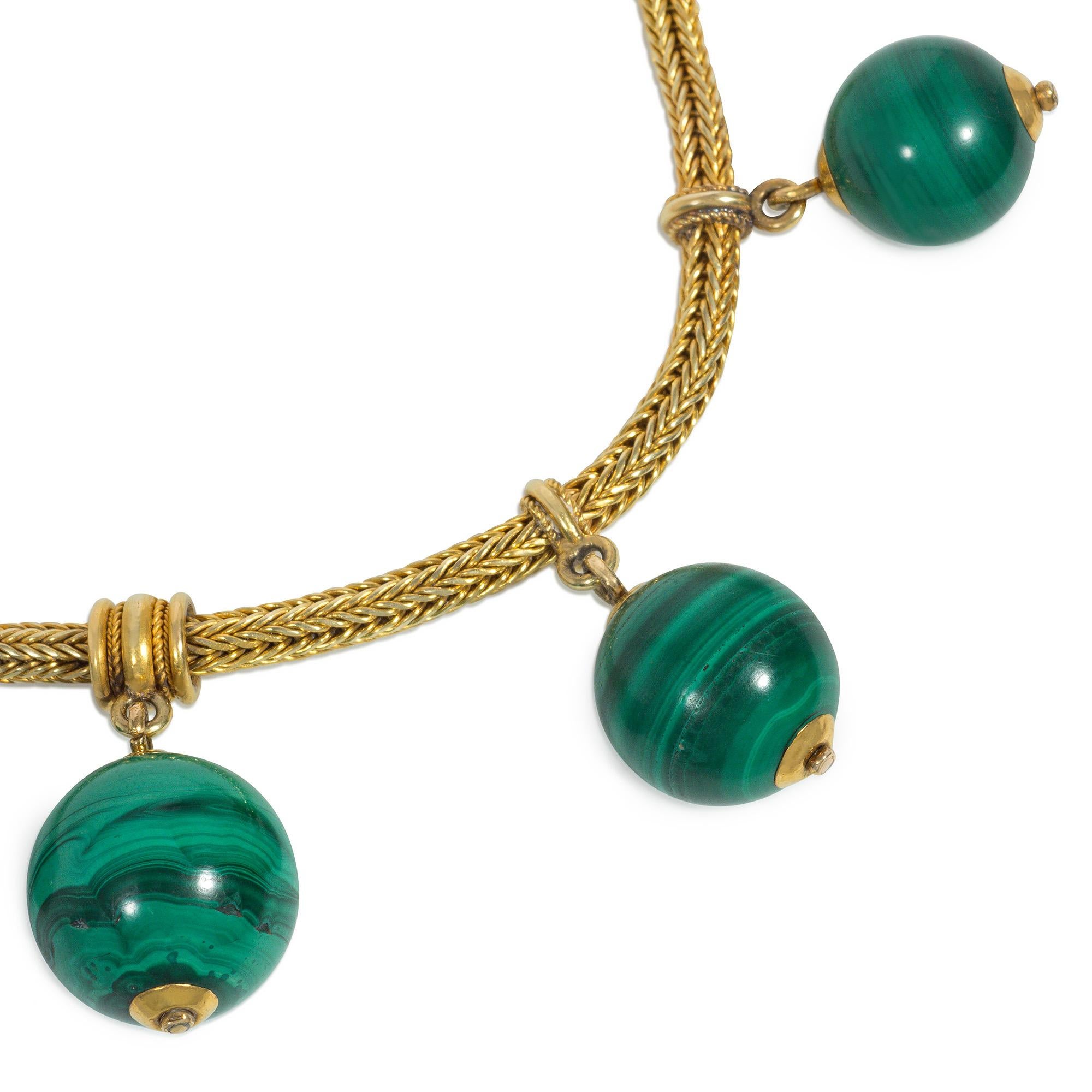 Etruscan Revival Antique Gold and Malachite Bead Archaeological Revival Bracelet For Sale
