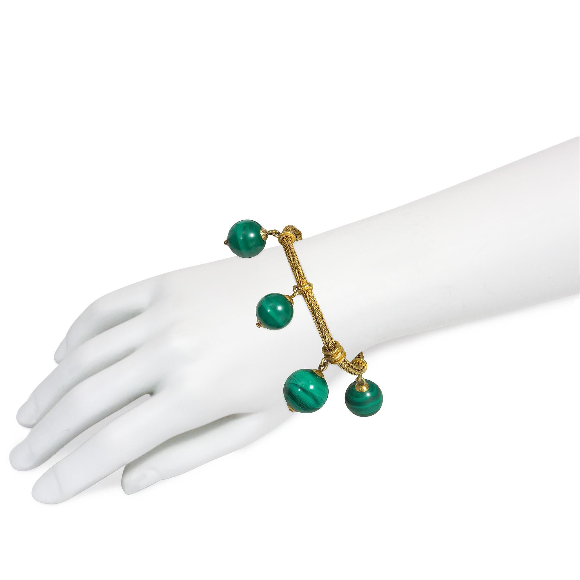 Women's or Men's Antique Gold and Malachite Bead Archaeological Revival Bracelet For Sale