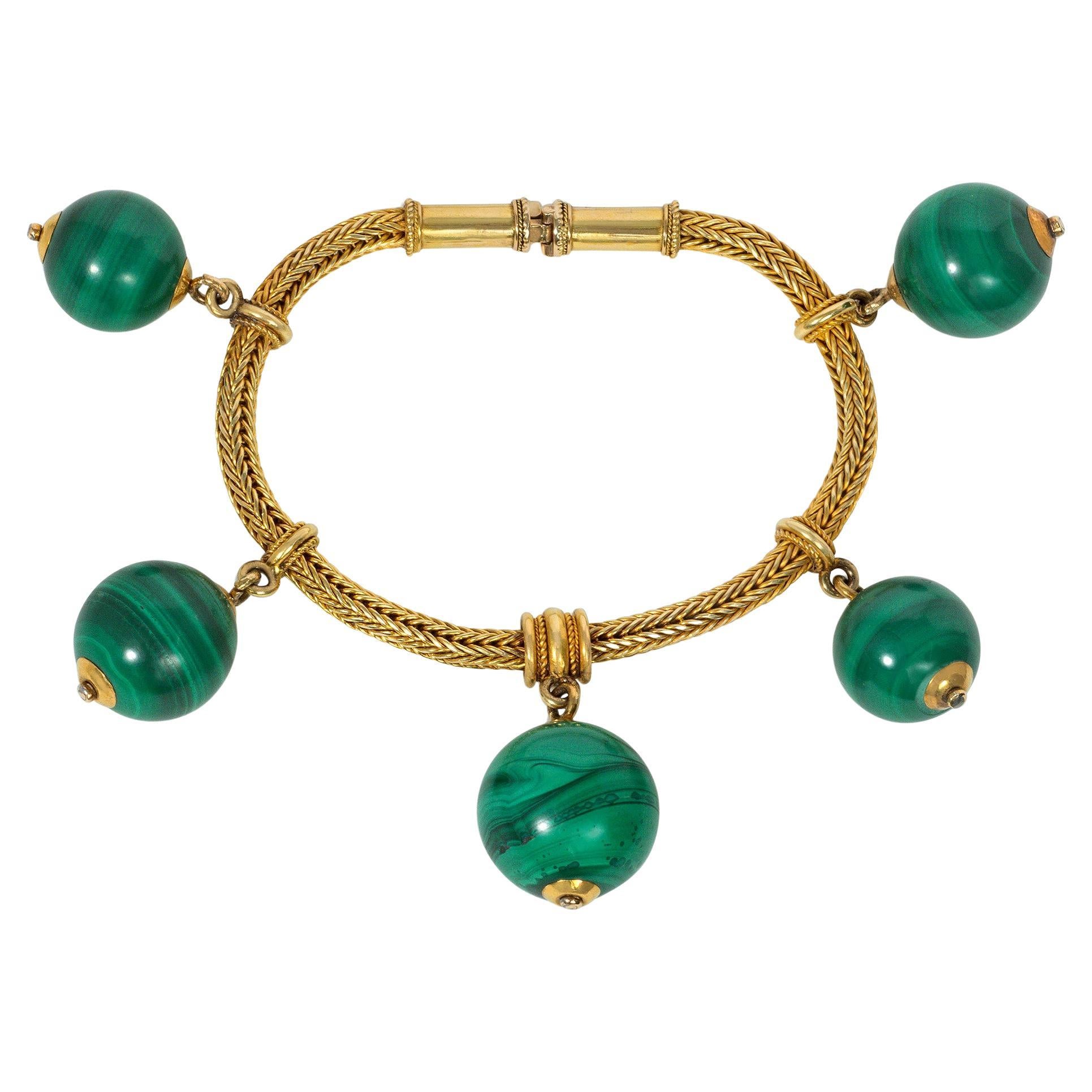 Antique Gold and Malachite Bead Archaeological Revival Bracelet For Sale