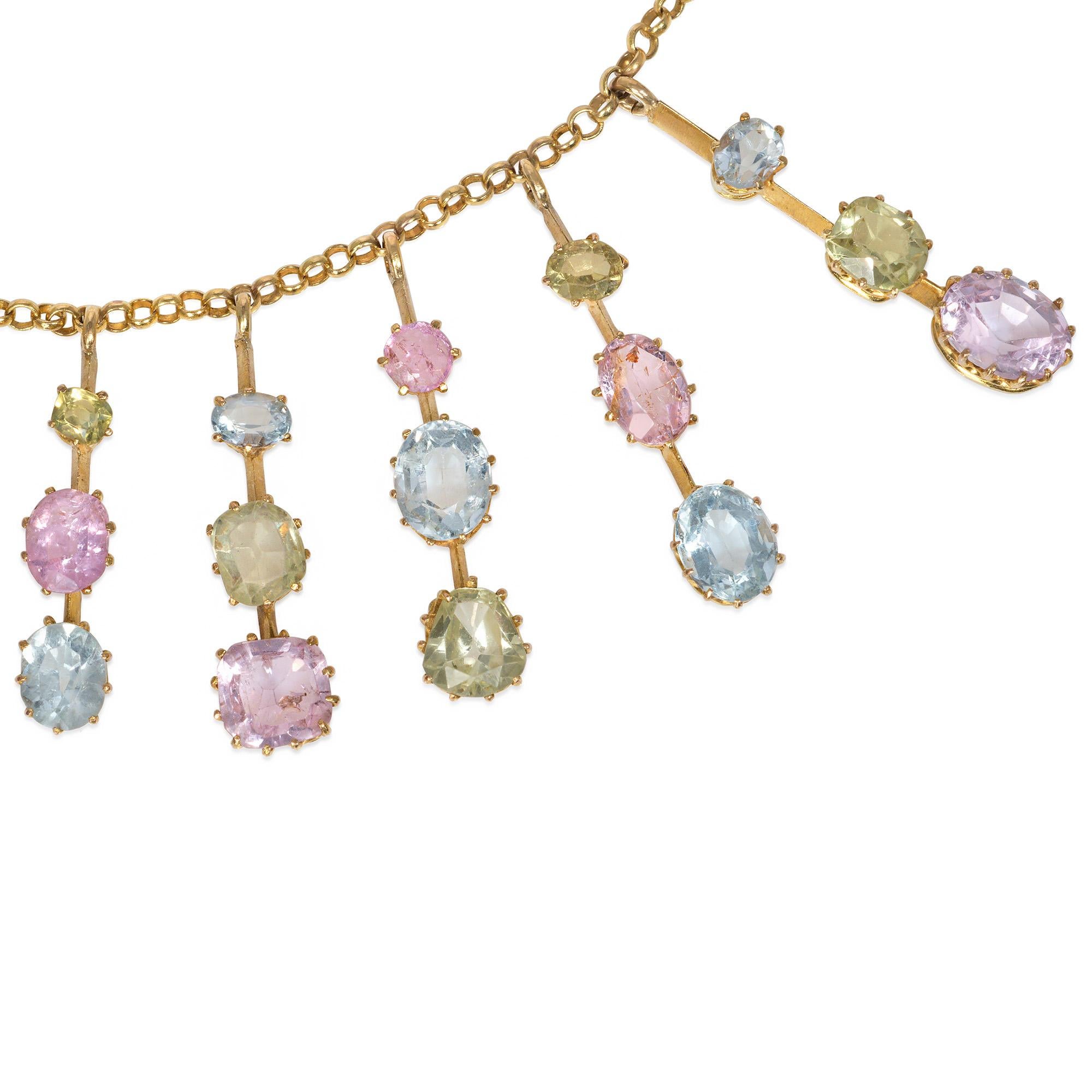 Victorian Antique Gold and Multi-Gemstone Graduated Fringe Necklace