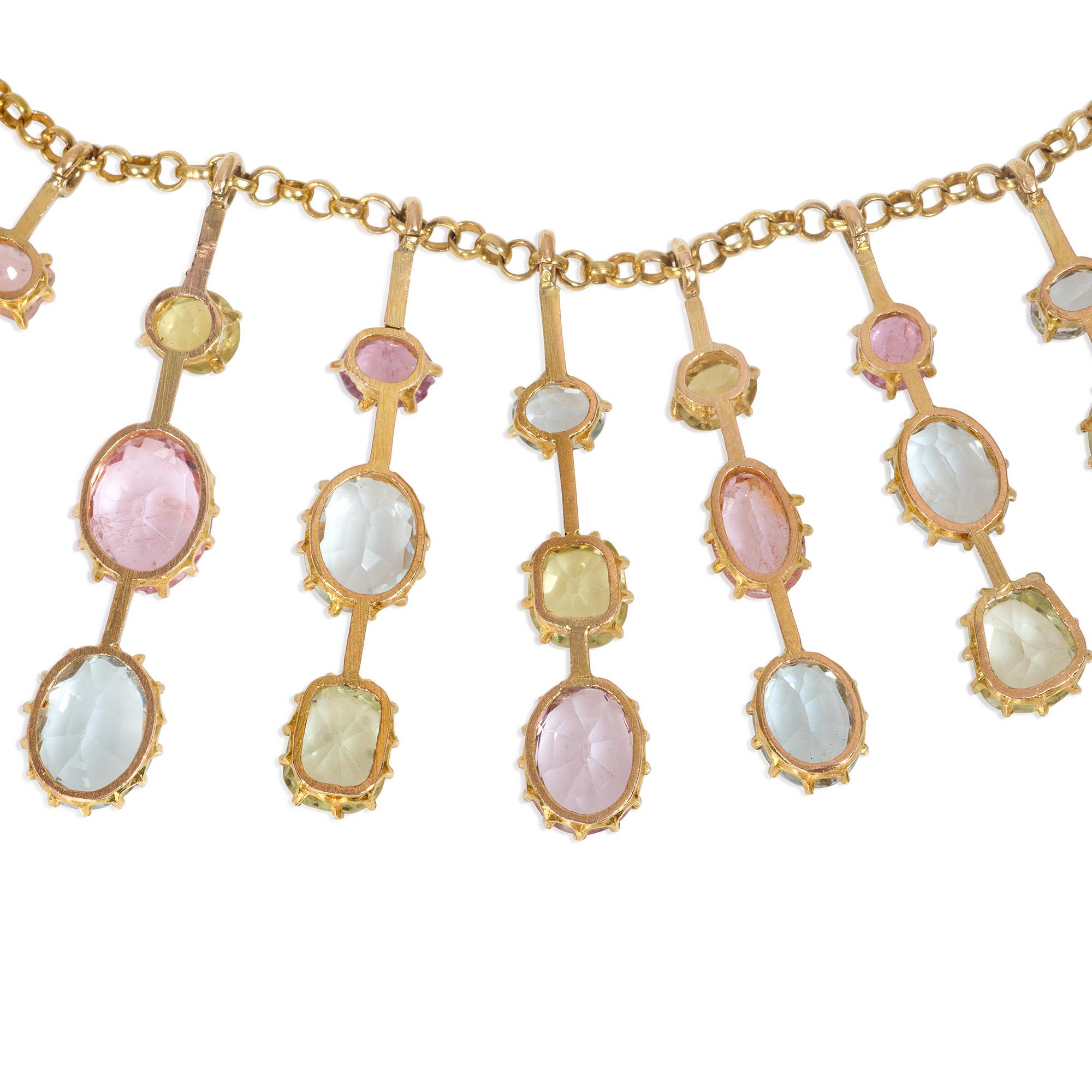 Round Cut Antique Gold and Multi-Gemstone Graduated Fringe Necklace