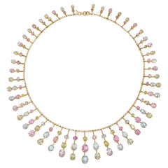 Antique Gold and Multi-Gemstone Graduated Fringe Necklace