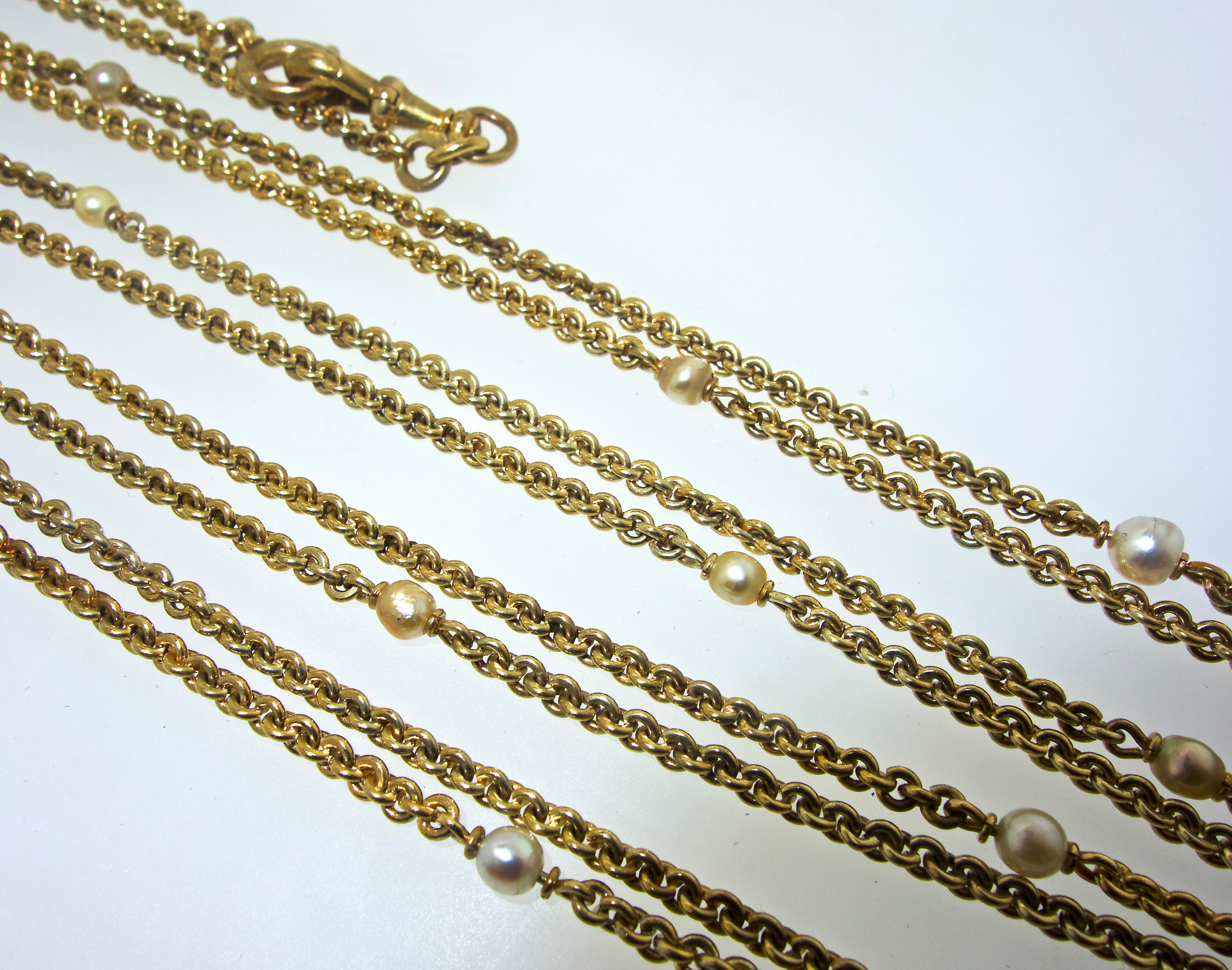 Victorian Antique Gold and Natural Pearl Long Chain, circa 1890