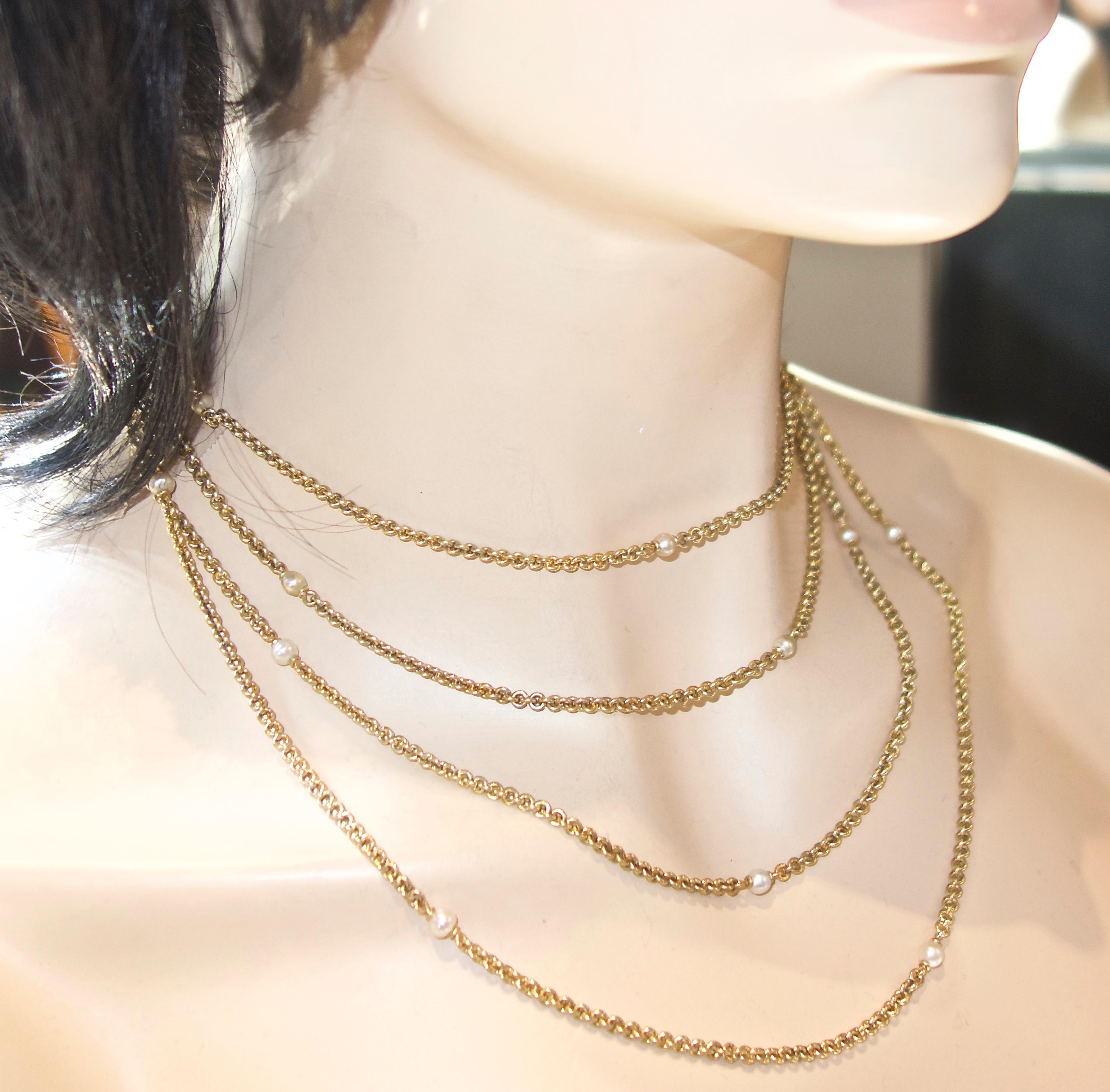 Antique Gold and Natural Pearl Long Chain, circa 1890 In Good Condition In Aspen, CO