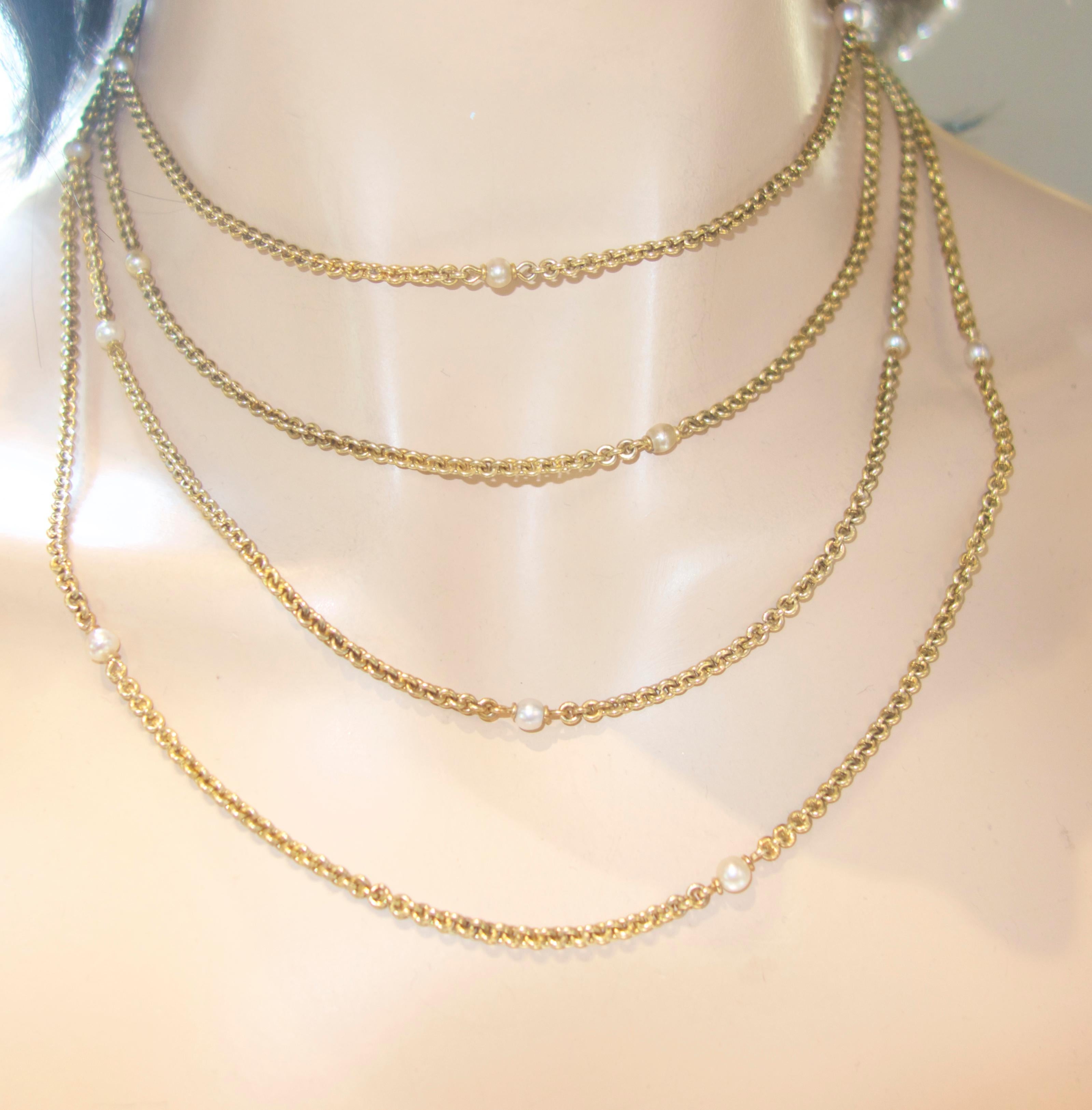 Women's or Men's Antique Gold and Natural Pearl Long Chain, circa 1890