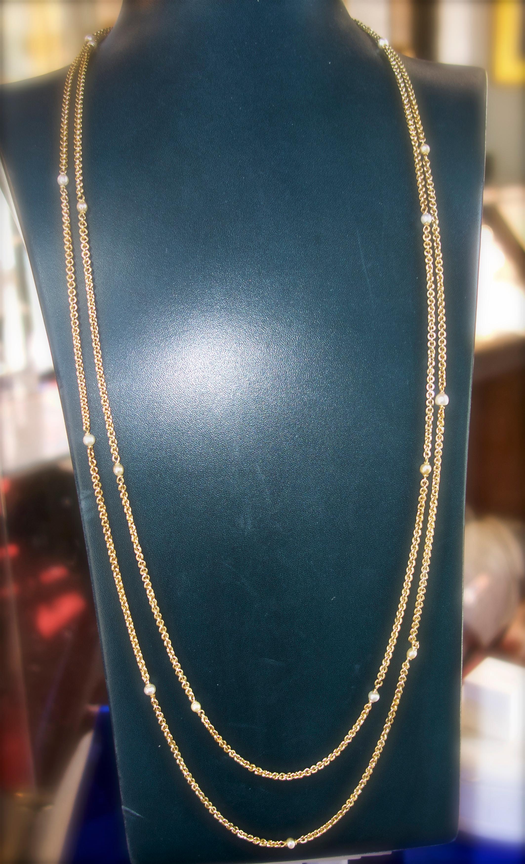Antique Gold and Natural Pearl Long Chain, circa 1890 1