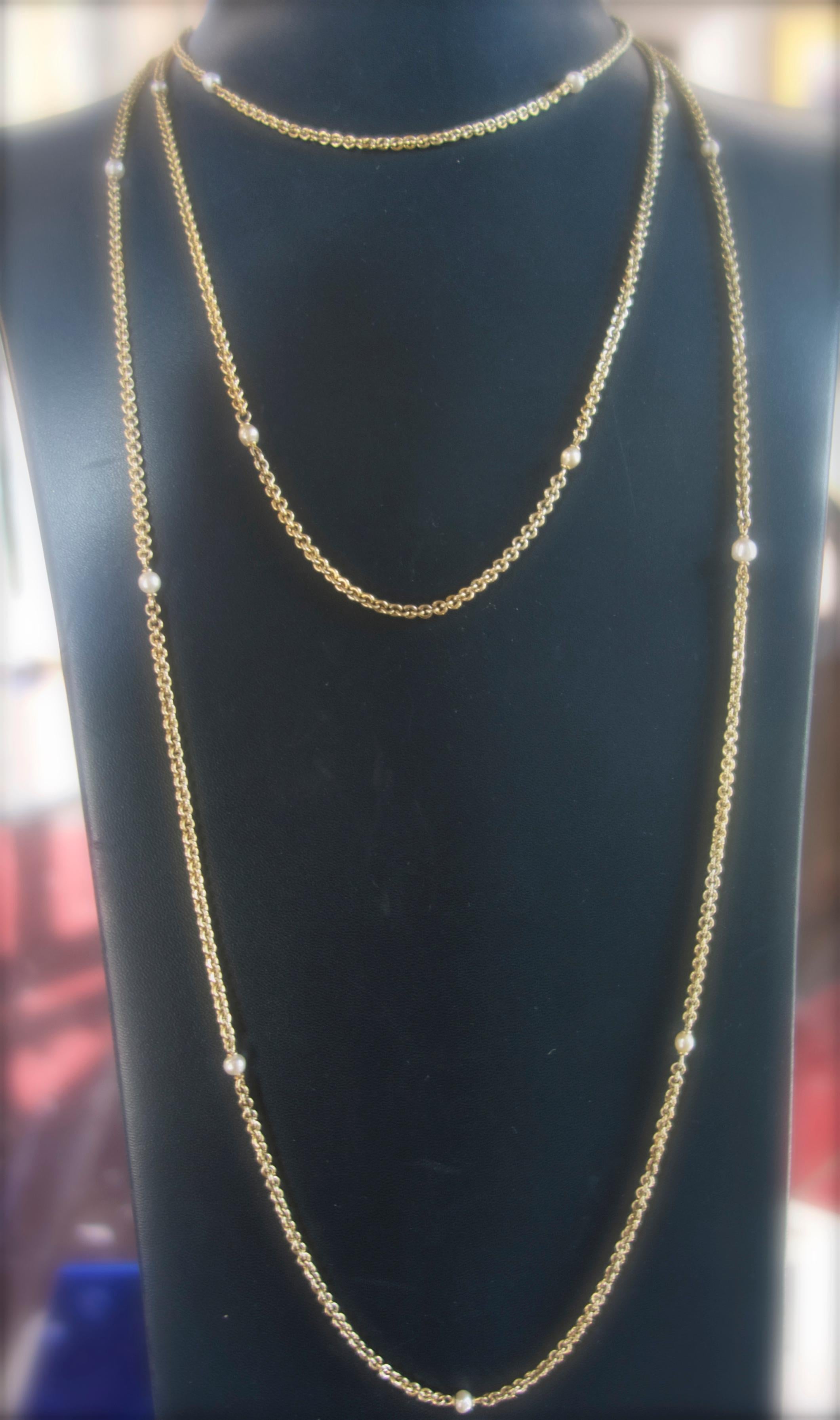 Antique Gold and Natural Pearl Long Chain, circa 1890 2