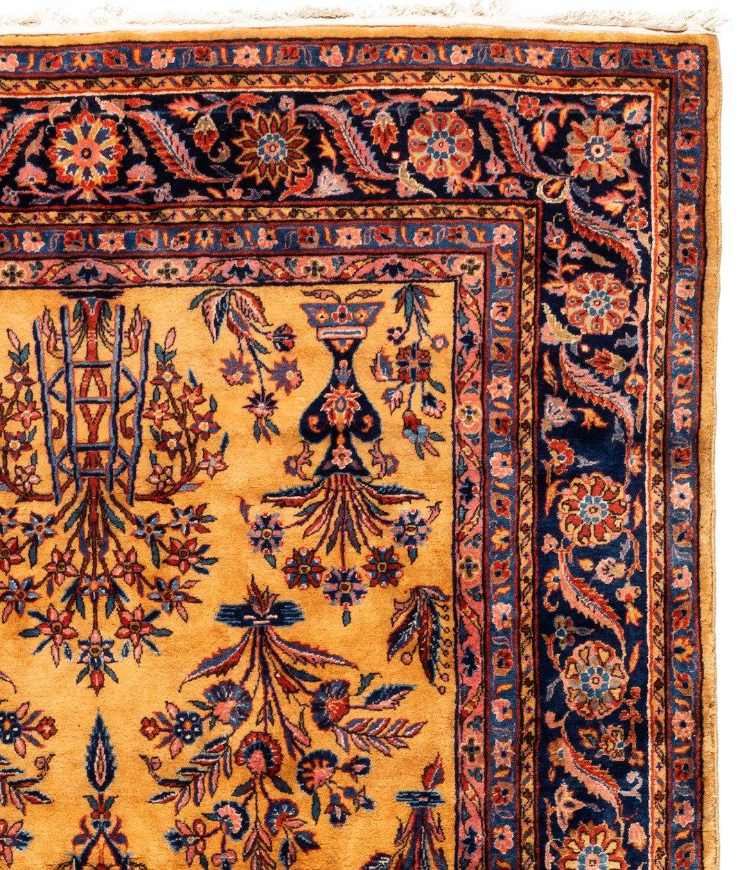 Hand-Woven Antique Gold Navy Persian Manchester Wool Kashan Rug, circa 1880-1900 For Sale