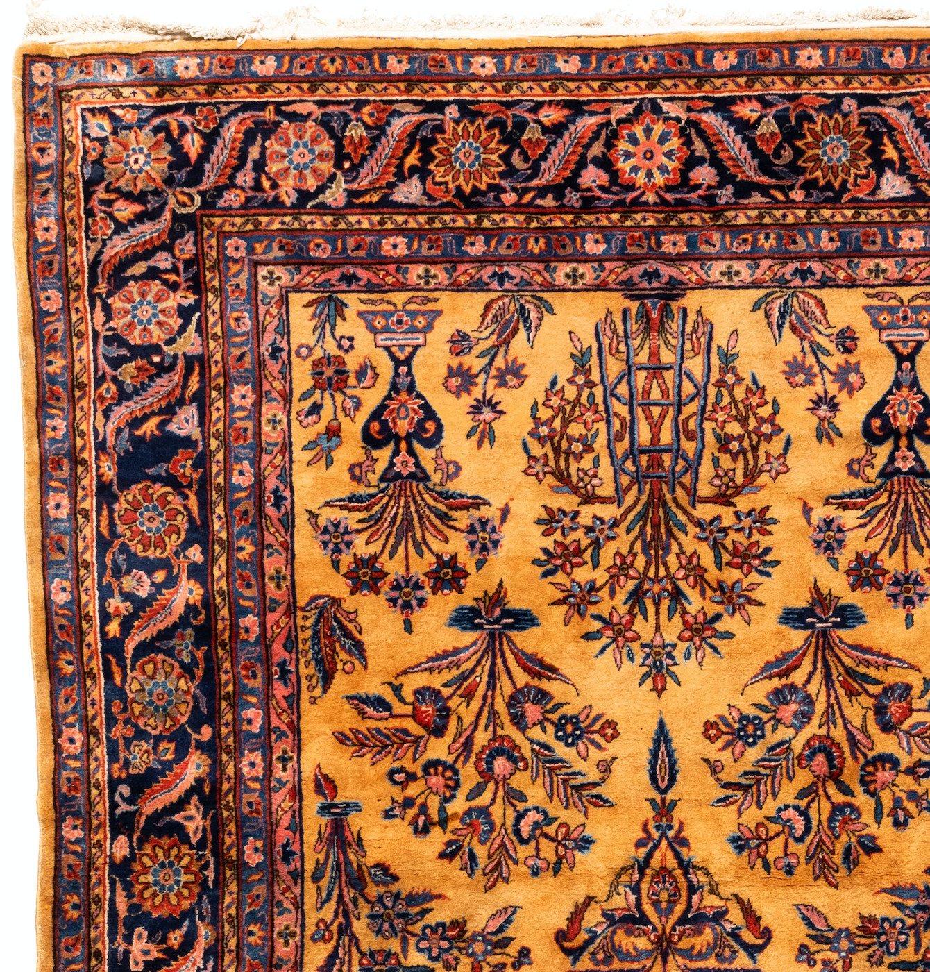 Antique Gold Navy Persian Manchester Wool Kashan Rug, circa 1880-1900 In Good Condition For Sale In New York, NY