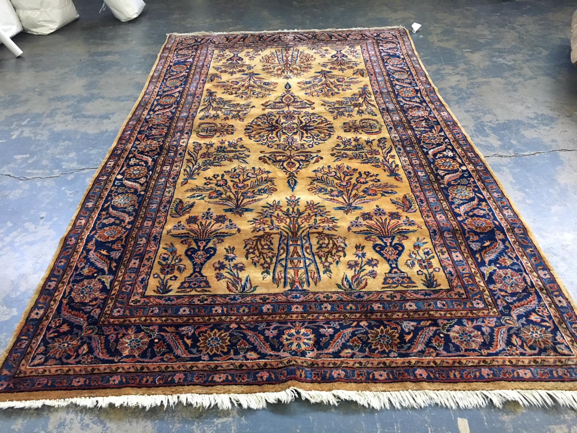19th Century Antique Gold Navy Persian Manchester Wool Kashan Rug, circa 1880-1900 For Sale