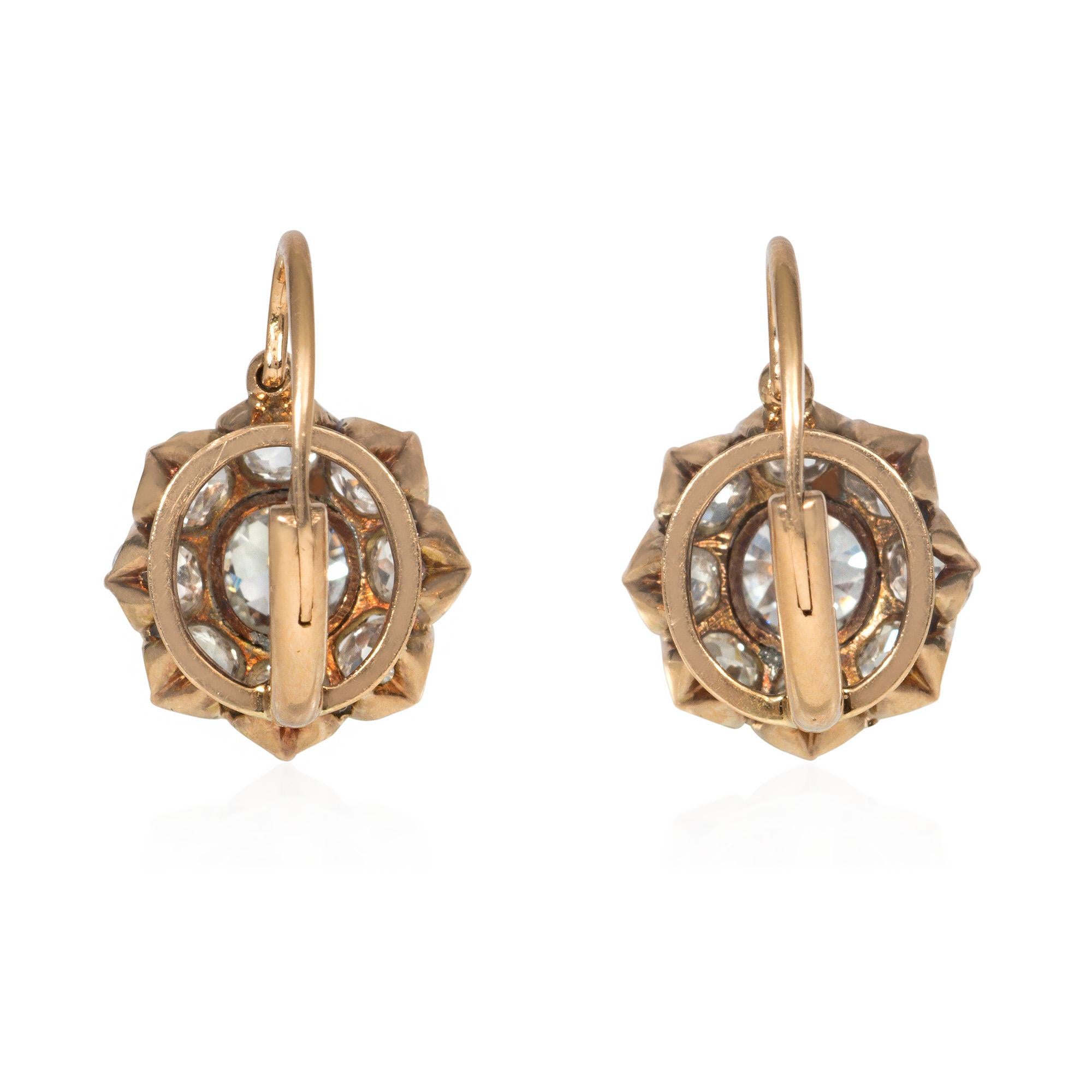 Victorian Antique Gold and Old Mine Cut Diamond Flower Cluster Earrings For Sale