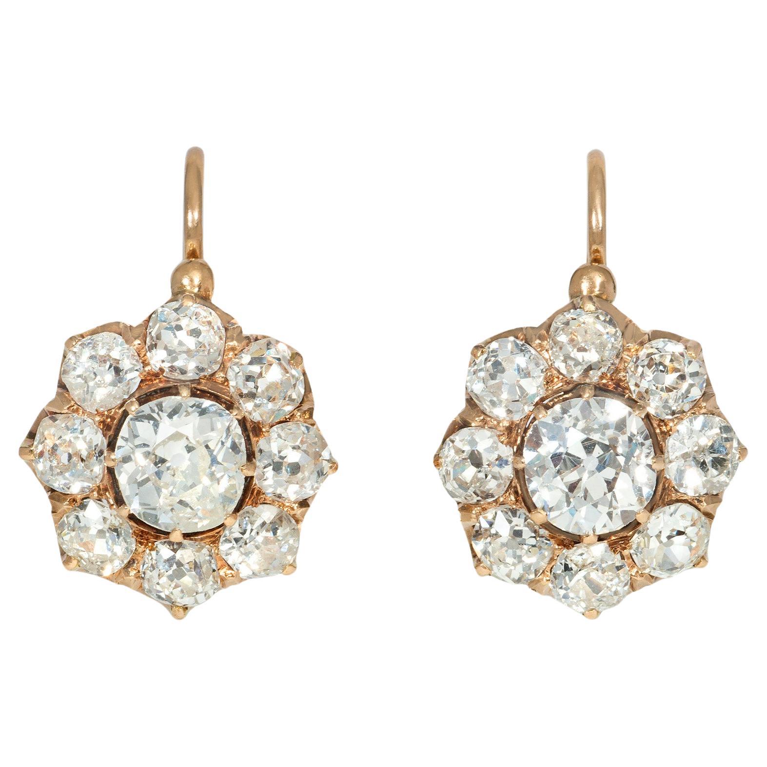 Antique Gold and Old Mine Cut Diamond Flower Cluster Earrings For Sale