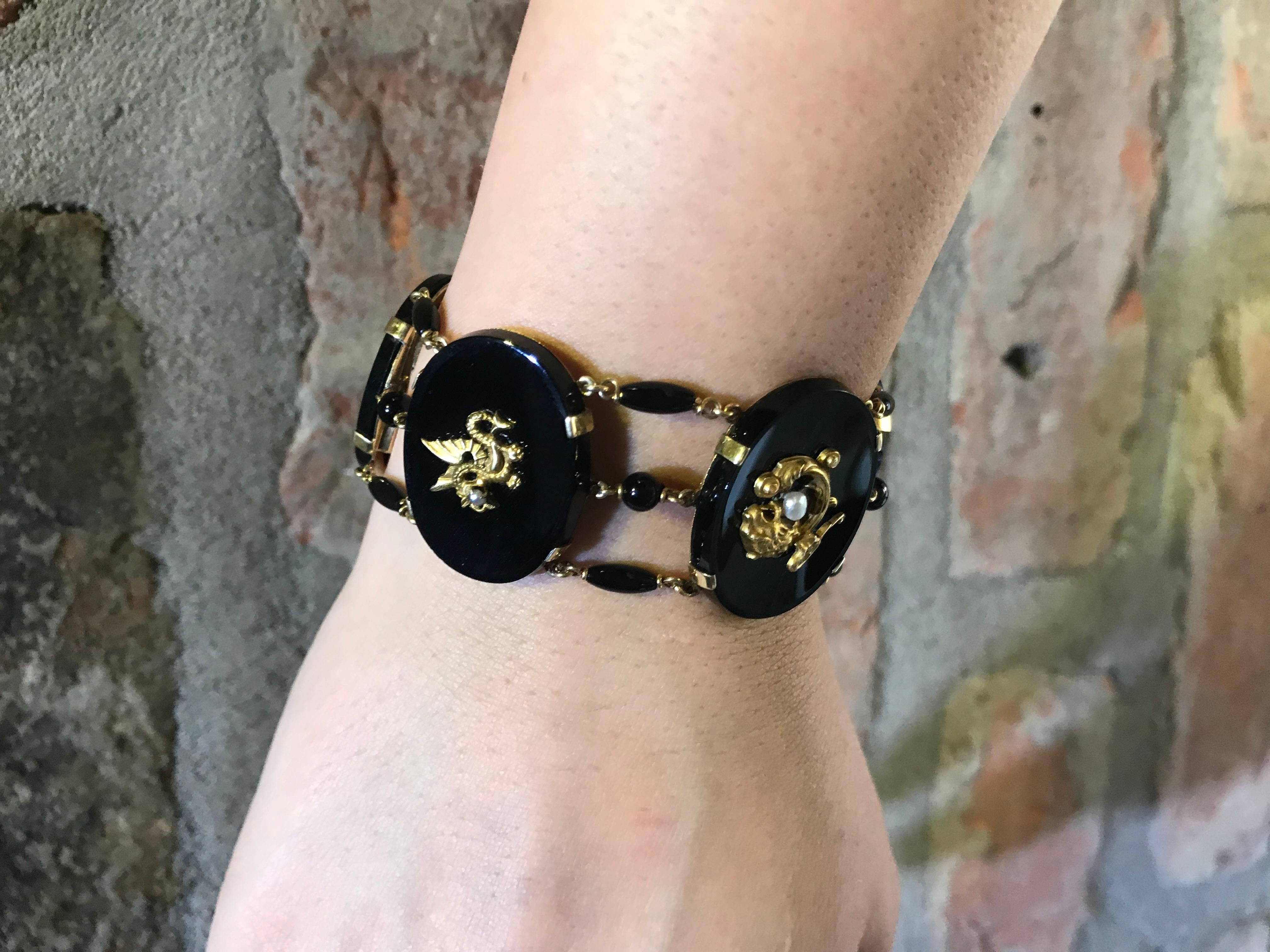 Antique Gold and Onyx Bracelet with Pearl and Emerald Accents For Sale 1