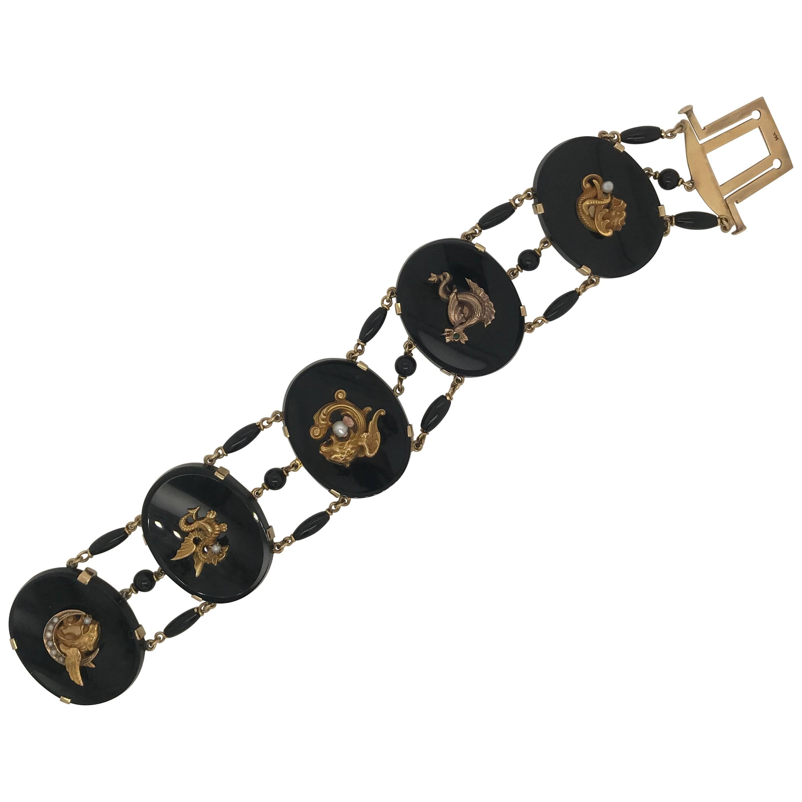 Antique Gold and Onyx Bracelet with Pearl and Emerald Accents For Sale