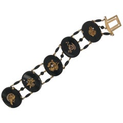 Antique Gold and Onyx Bracelet with Pearl and Emerald Accents