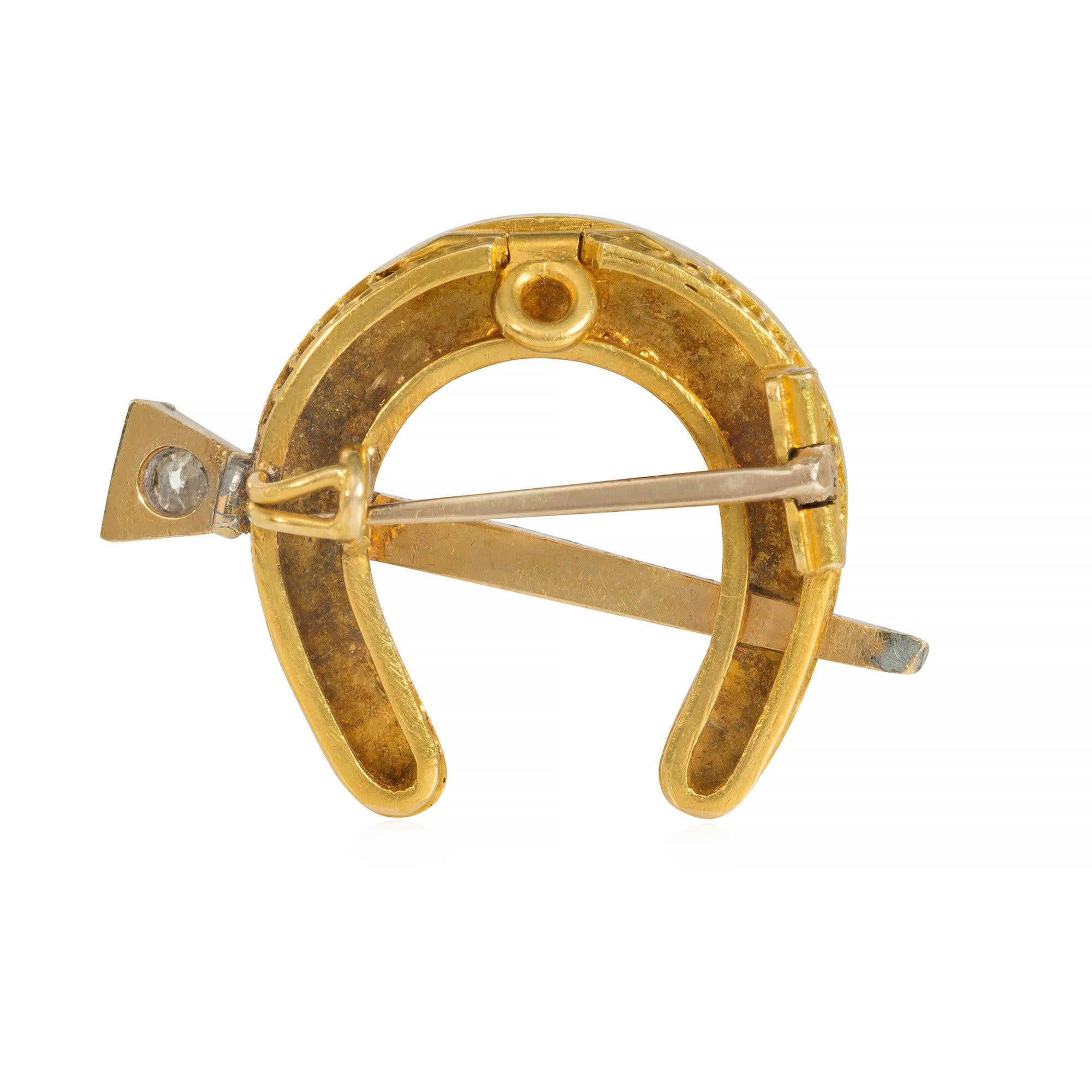 Antike Gold- und Perlen-Hufeisenbrosche mit diamantbesetztem Nagel und Anhänger-Schlaufe (Spätviktorianisch) im Angebot