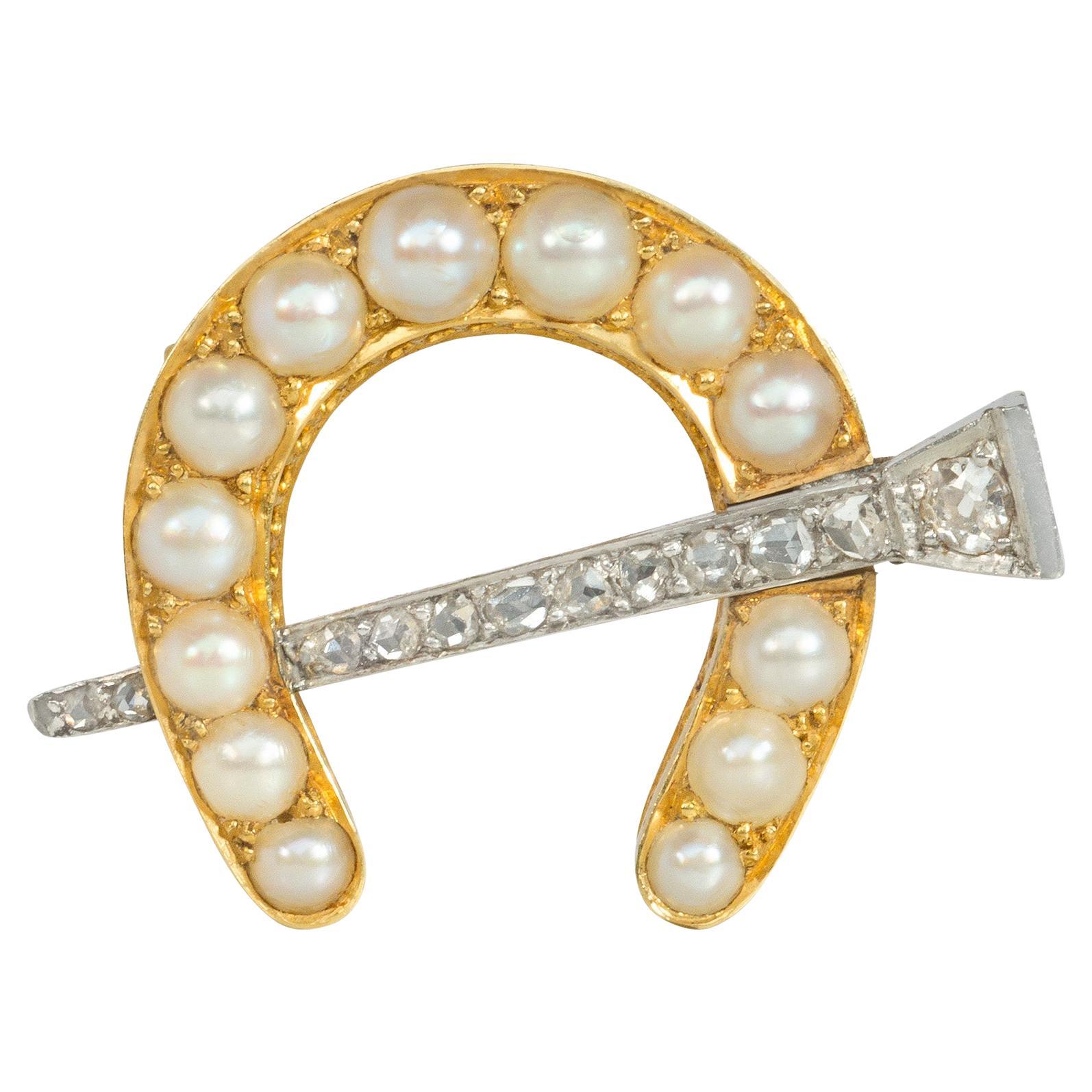 Antique Gold and Pearl Horseshoe Brooch with Diamond-Set Nail and Pendant Loop For Sale