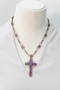 Antique Gold and Platinum Amethyst and Diamond Cross Necklace
