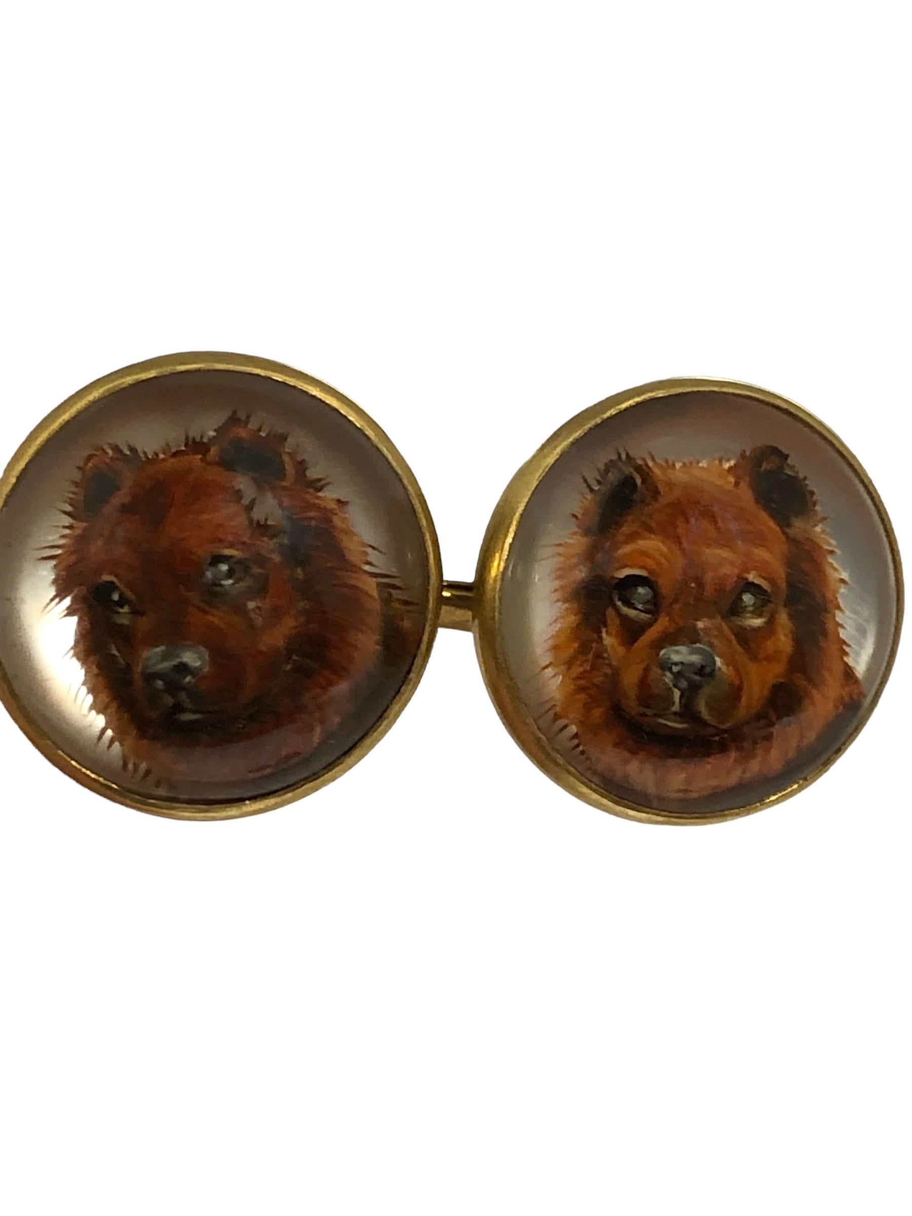 Boutons de manchette chien anciens en or et cristal inversé Excellent état - En vente à Chicago, IL