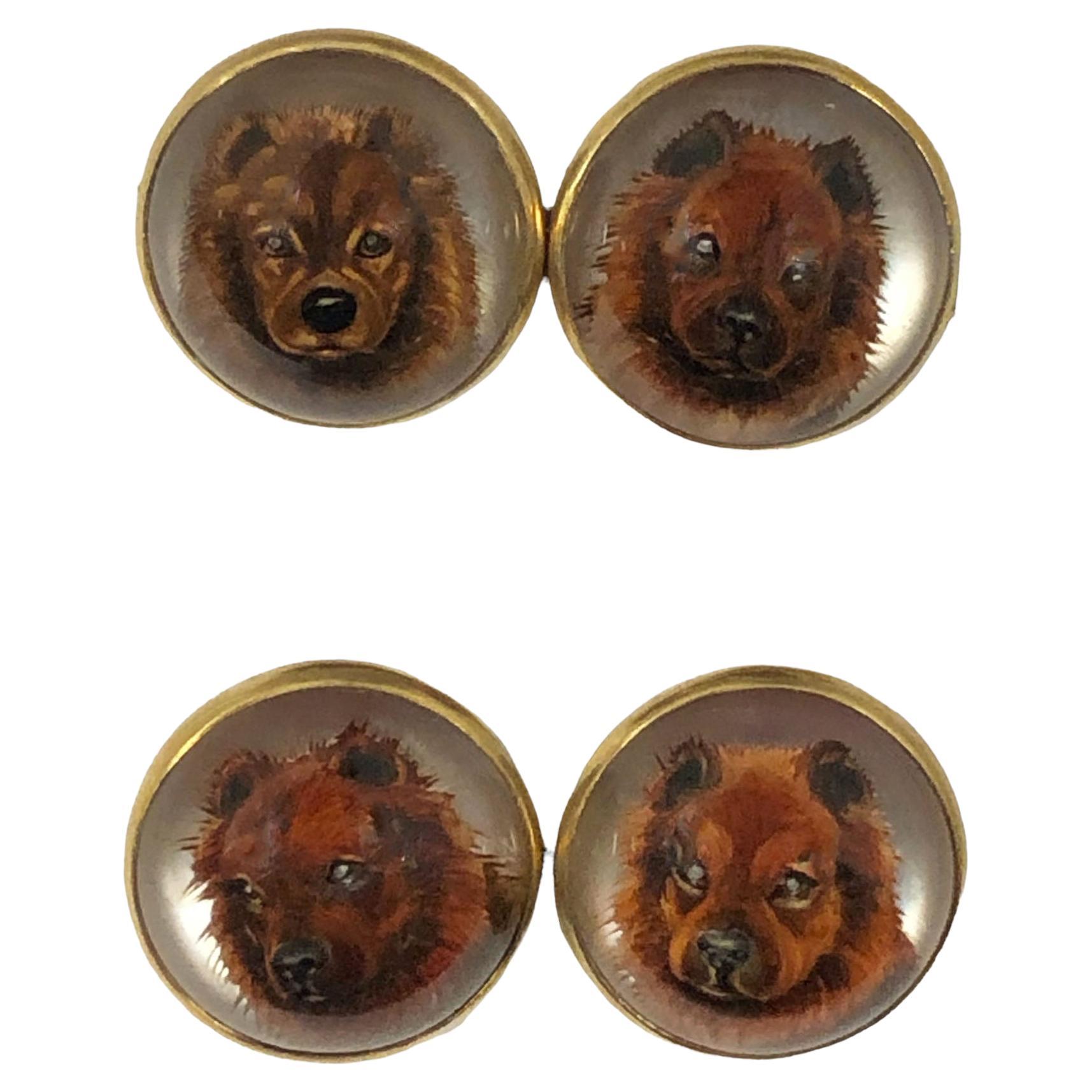 Boutons de manchette chien anciens en or et cristal inversé