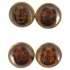 Boutons de manchette chien anciens en or et cristal inversé