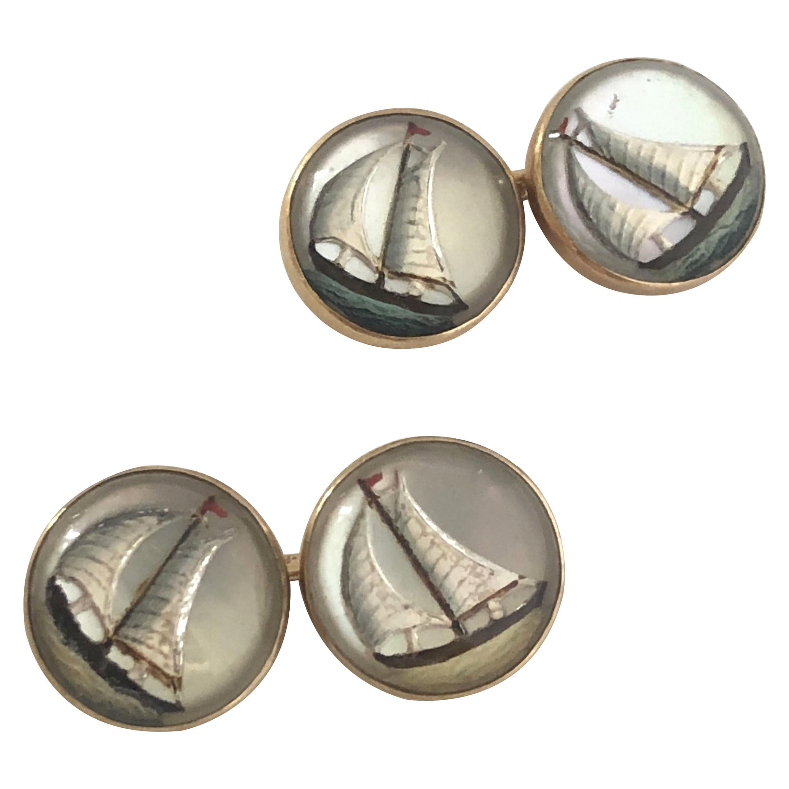 Antique Gold and Reverse Crystal Sail Boat Cufflinks For Sale
