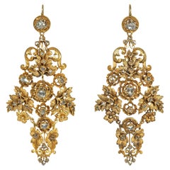 Antique Gold and Rose Diamond Chandelier Earrings of Foliate Motif
