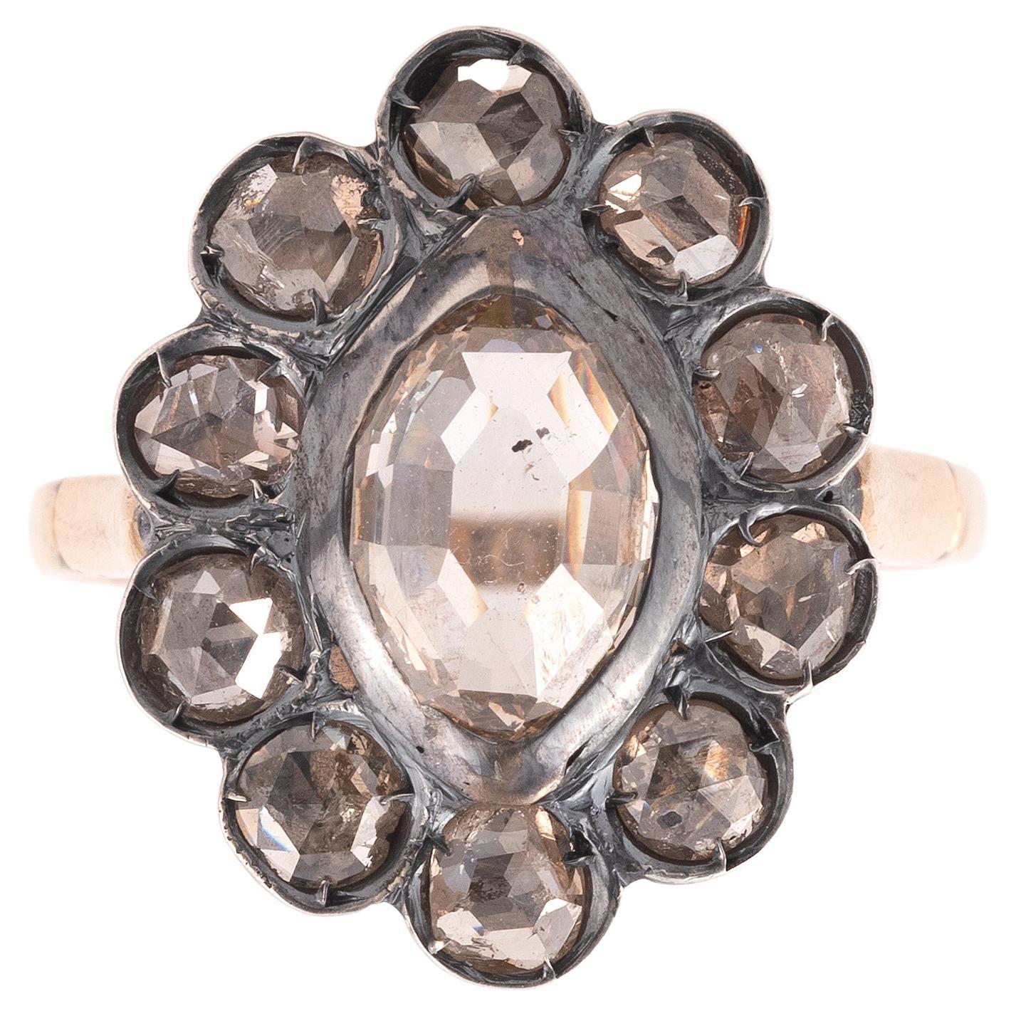 Antique Gold and Rose Diamond Cluster Ring For Sale at 1stDibs