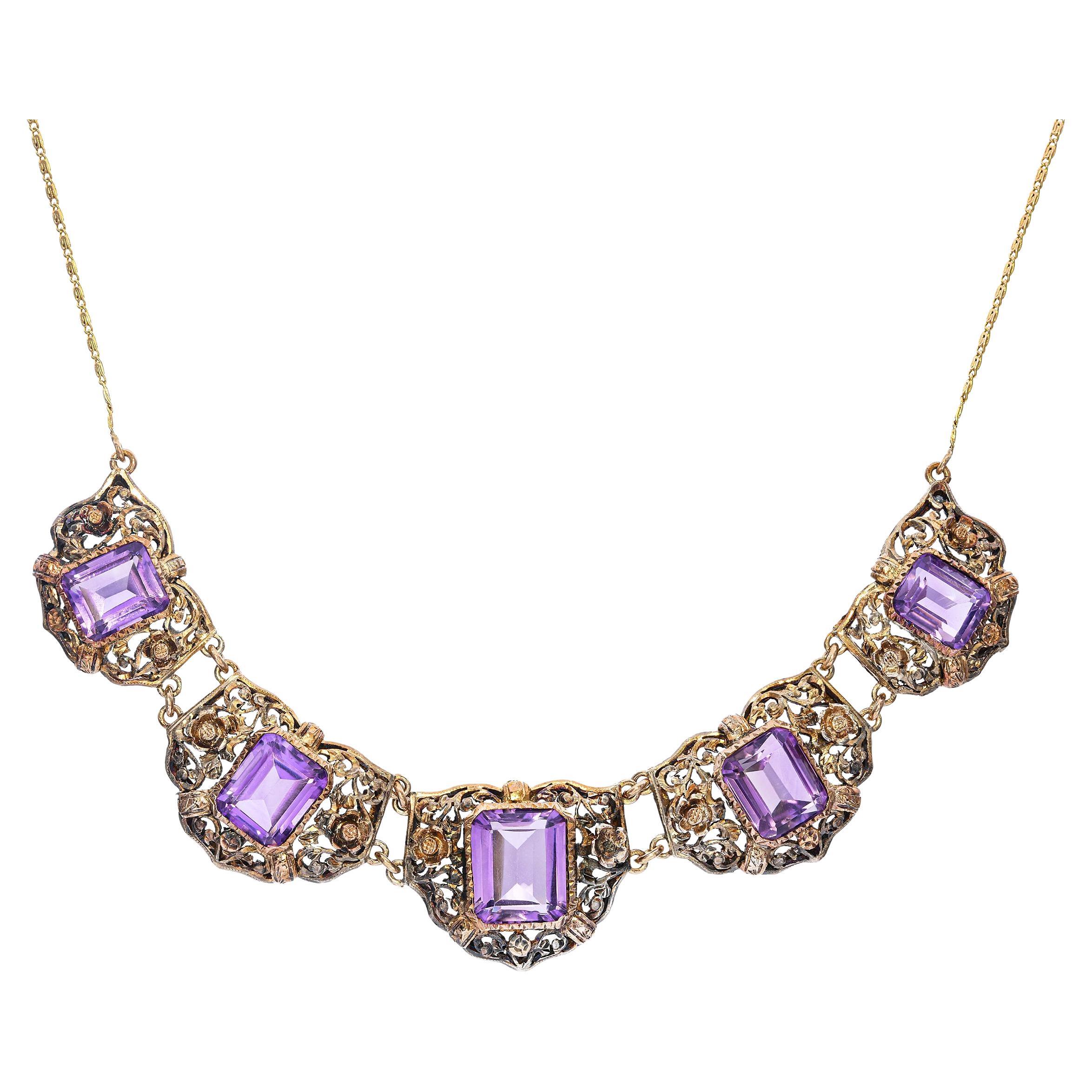 Antique Gold and Silver 15.73tcw Amethyst Decorative Necklace For Sale