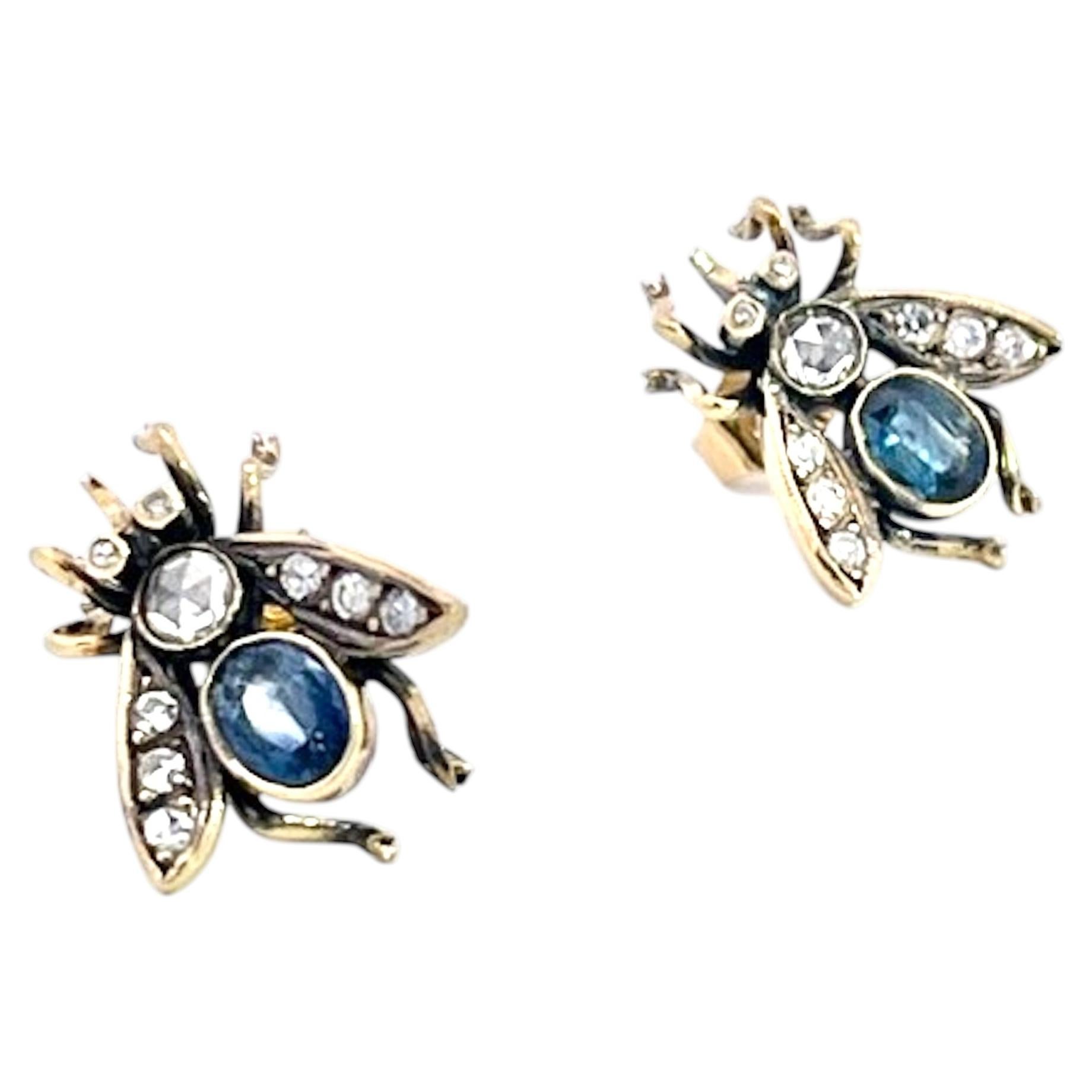 Antique Gold and Silver Bee Earrings with Sapphires and Diamonds