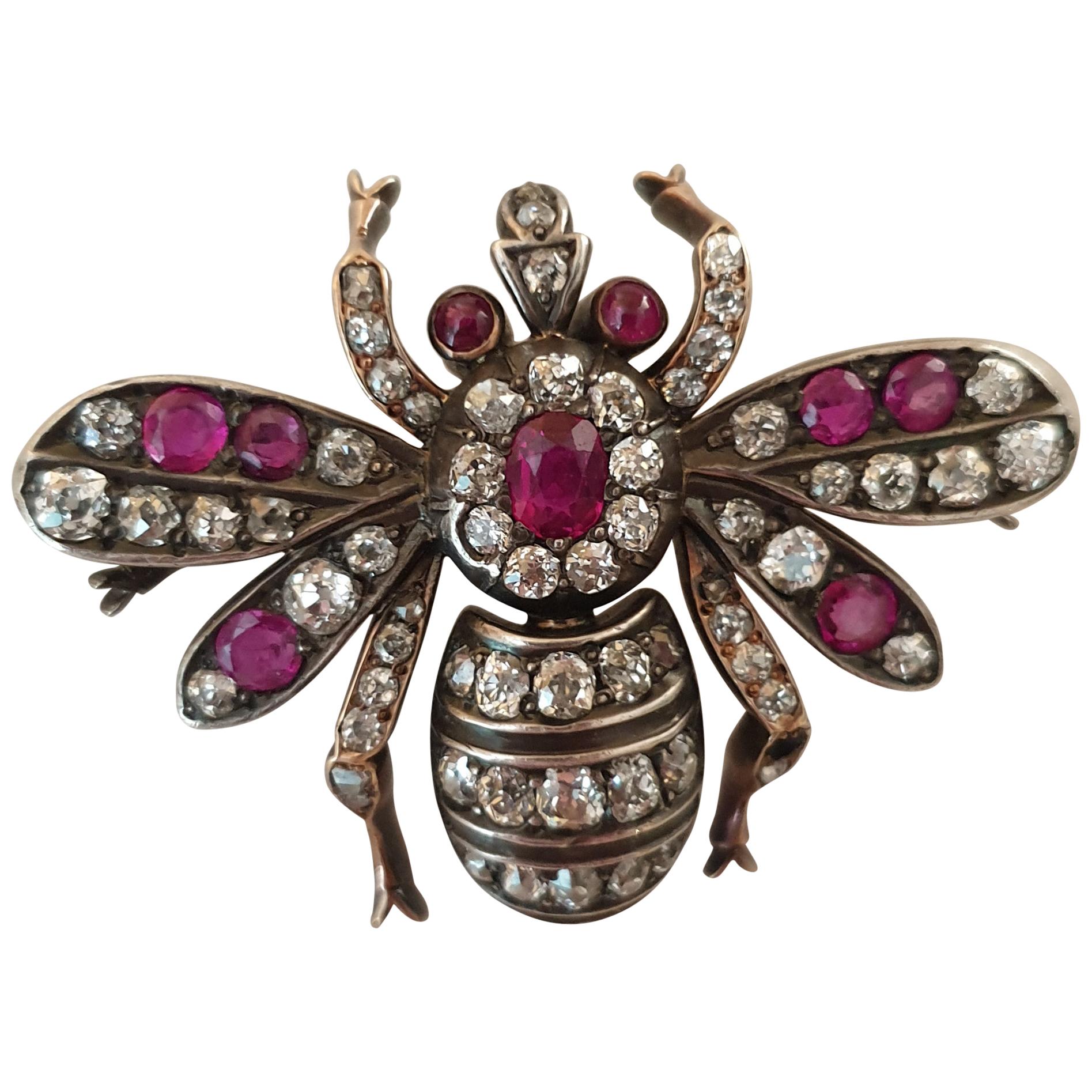 Late 19th Century Gold Silver Diamond Burma Red Ruby Bee Insect Brooch For Sale