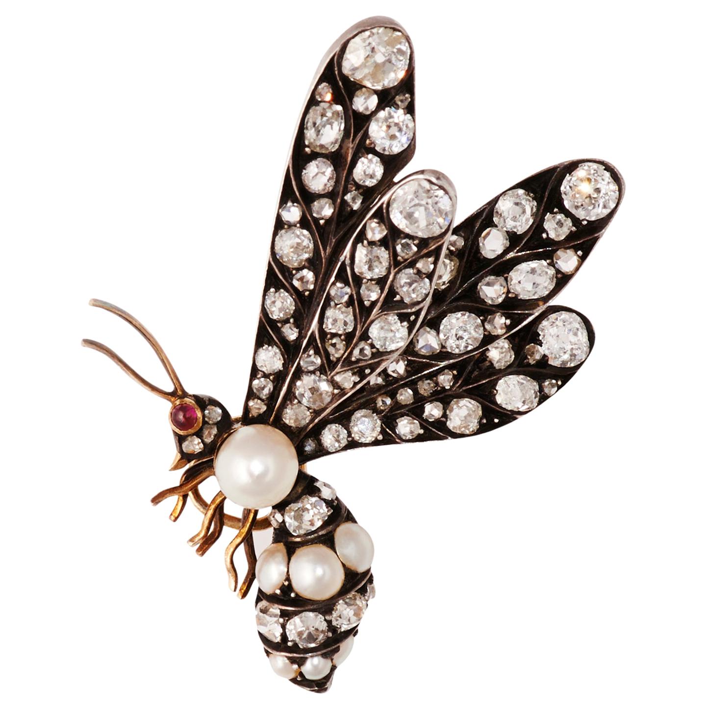 19th Century Gold and Silver Diamond and Pearl Queen Bee Brooch For Sale