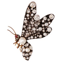 19th Century Gold and Silver Diamond and Pearl Queen Bee Brooch