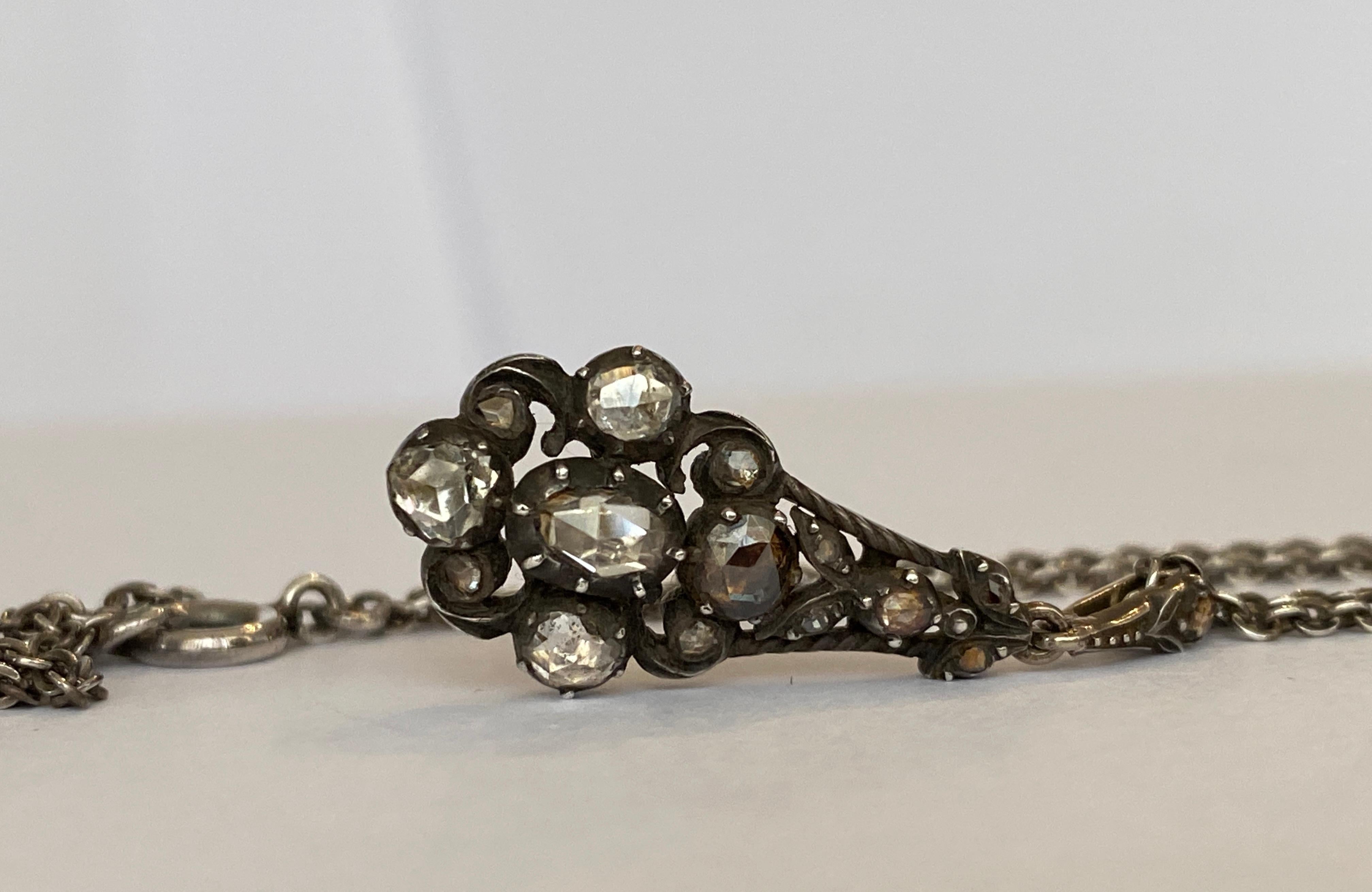 Antique gold and silver drop pendant necklace, rose cut diamonds For Sale 4