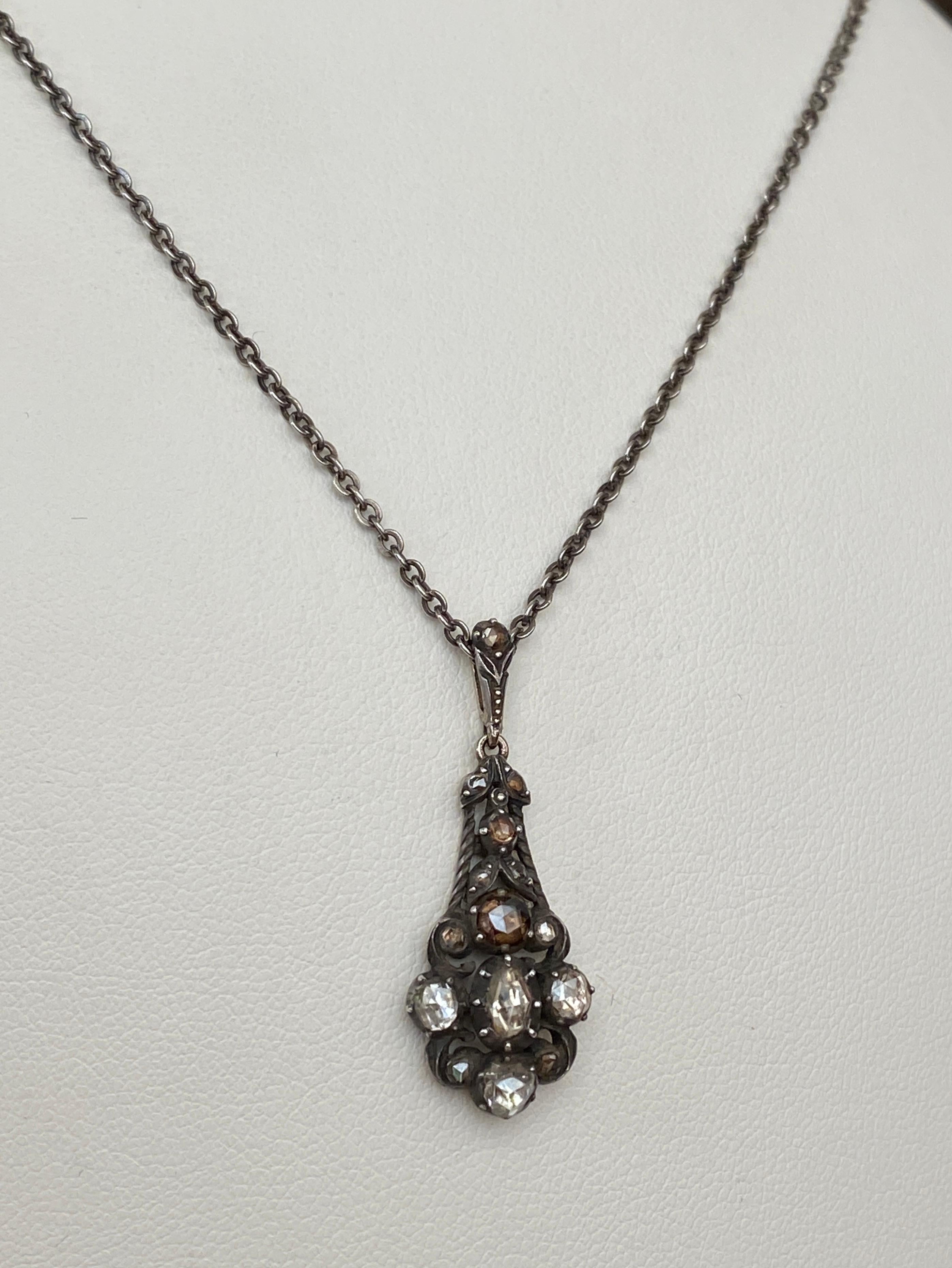 Victorian Antique gold and silver drop pendant necklace, rose cut diamonds For Sale