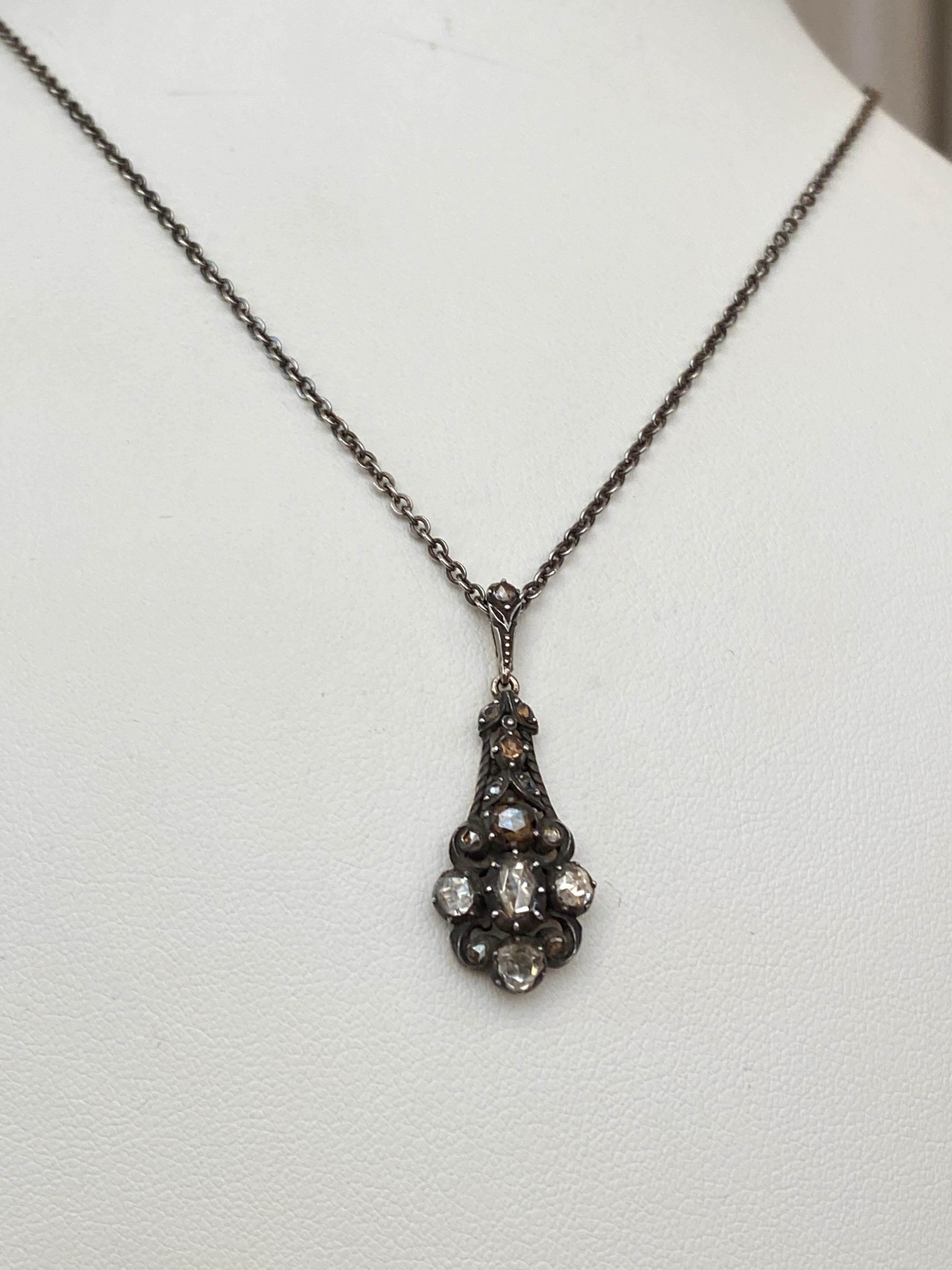 Rose Cut Antique gold and silver drop pendant necklace, rose cut diamonds For Sale