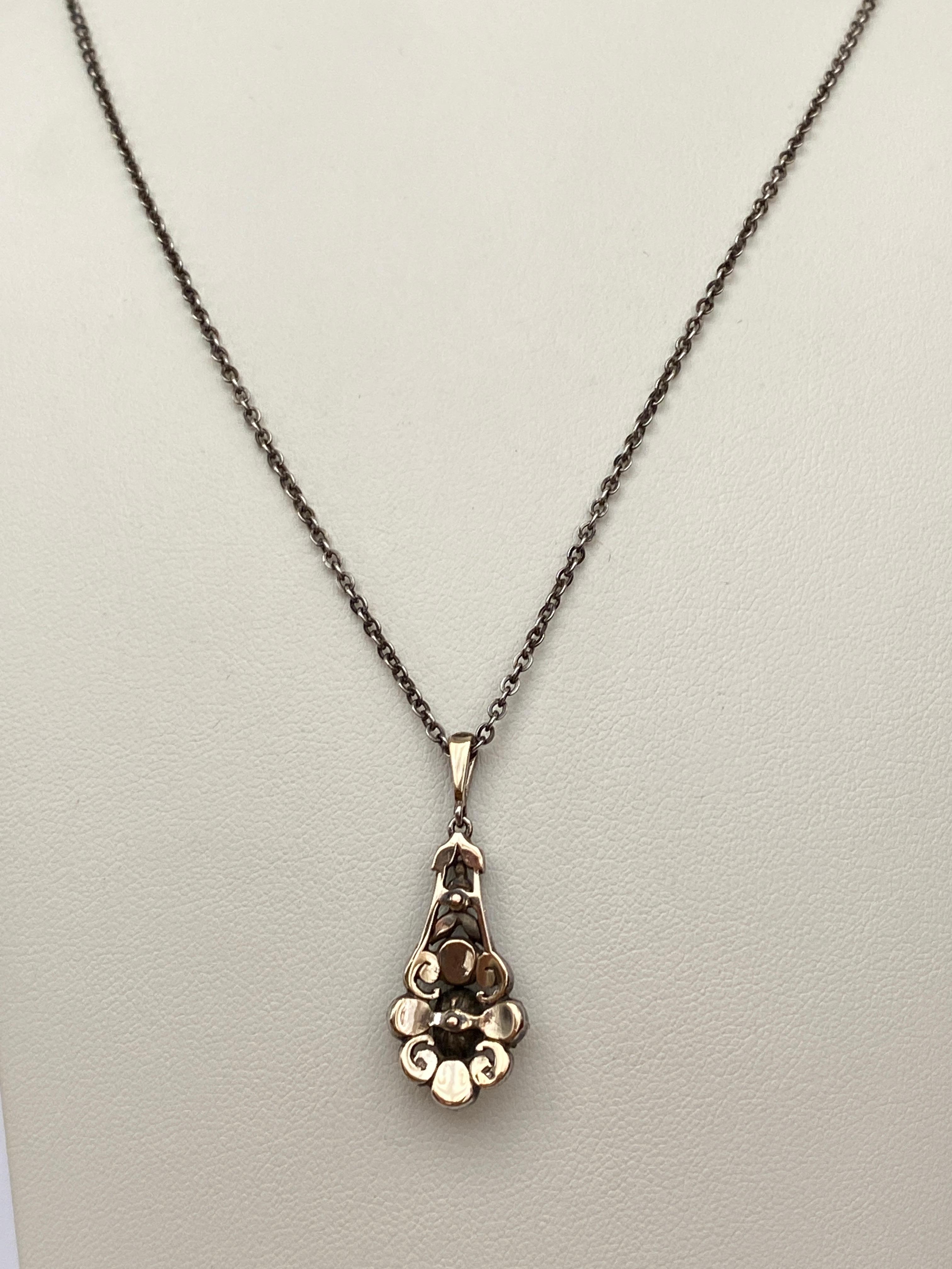 Women's or Men's Antique gold and silver drop pendant necklace, rose cut diamonds For Sale