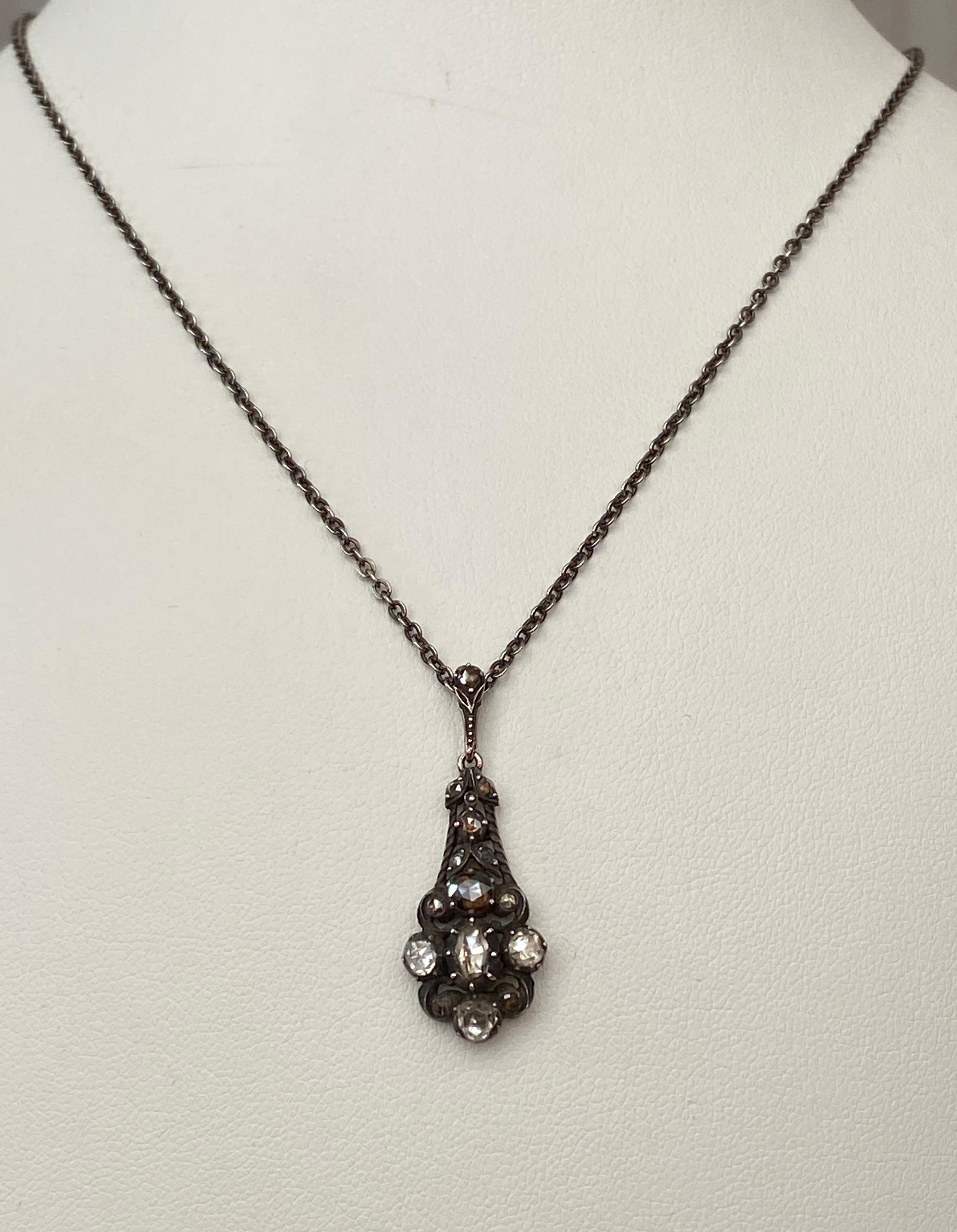 Antique gold and silver drop pendant necklace, rose cut diamonds For Sale 2